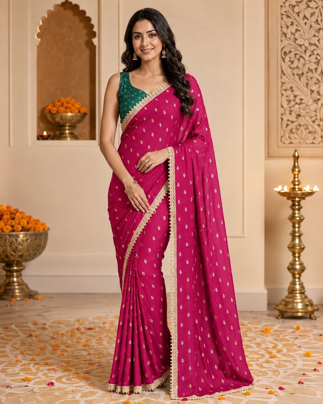 Magenta Designer Printed Georgette Ready To Wear Saree