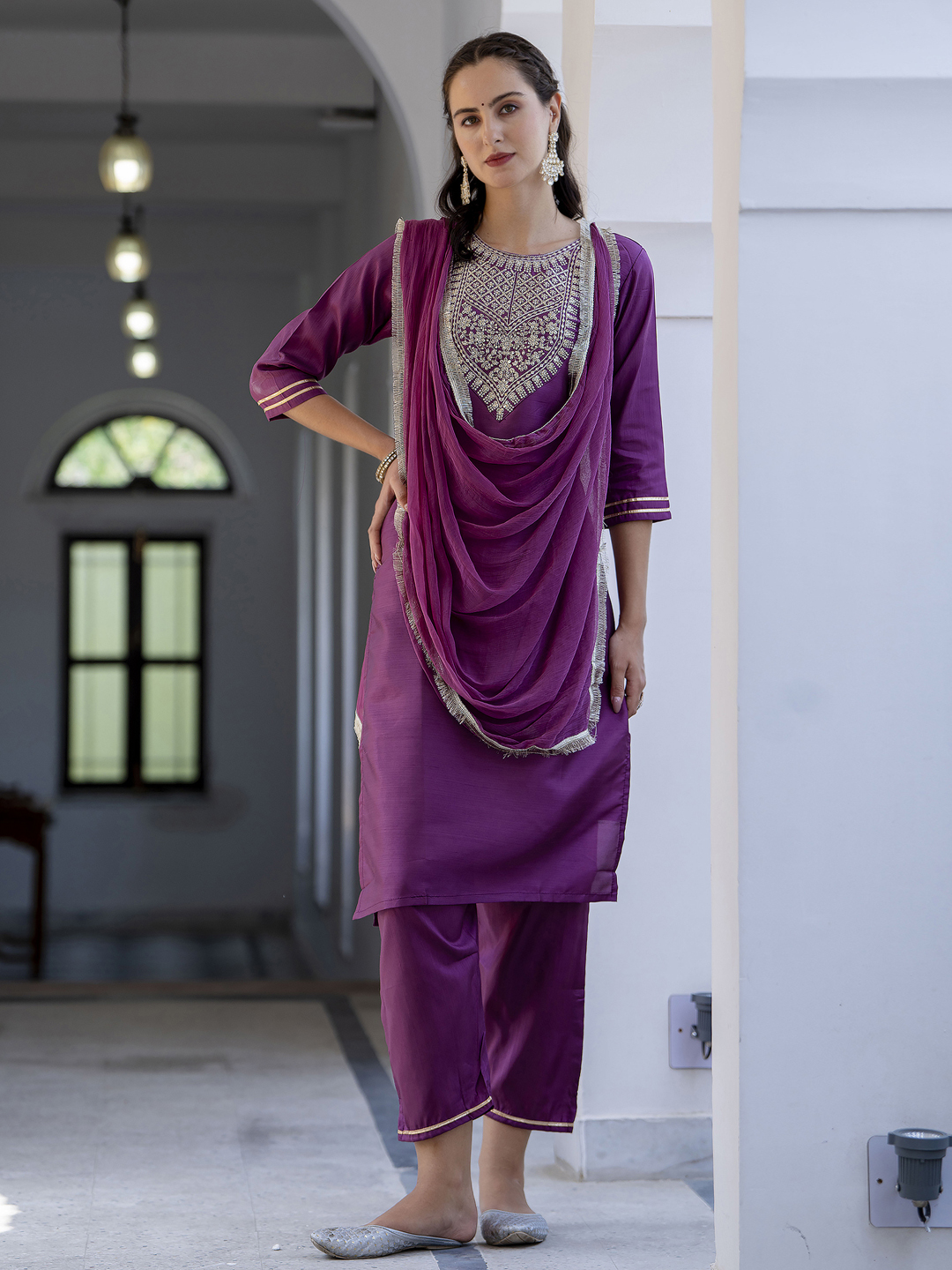 Magenta Embroidered Silk Blend Readymade Suit