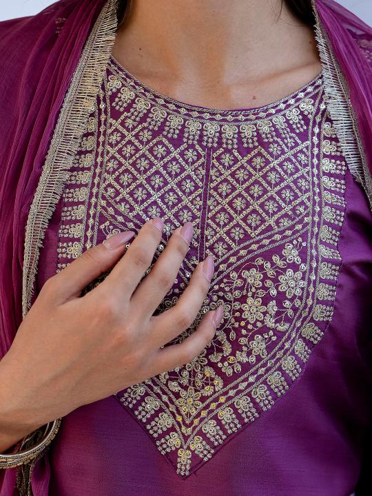 Magenta Embroidered Silk Blend Readymade Suit