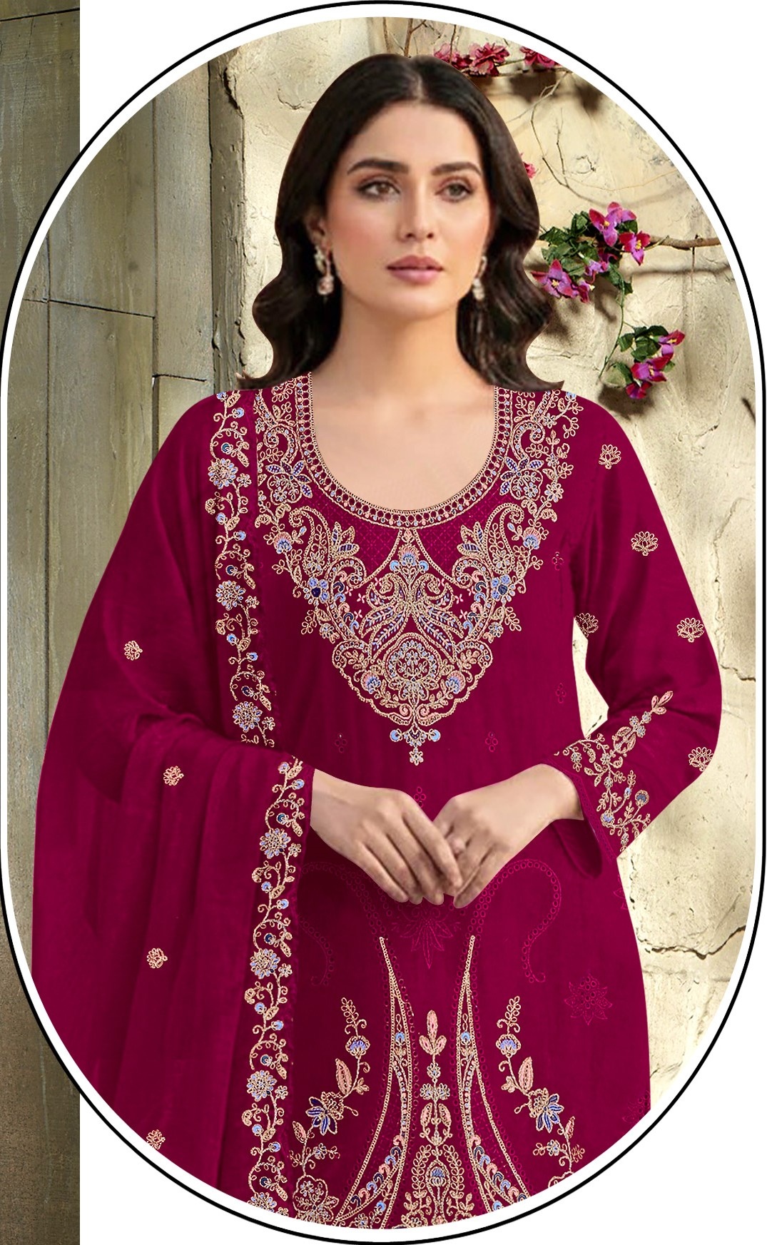Magenta Embroidered Velvet Straight Suit — alternate view