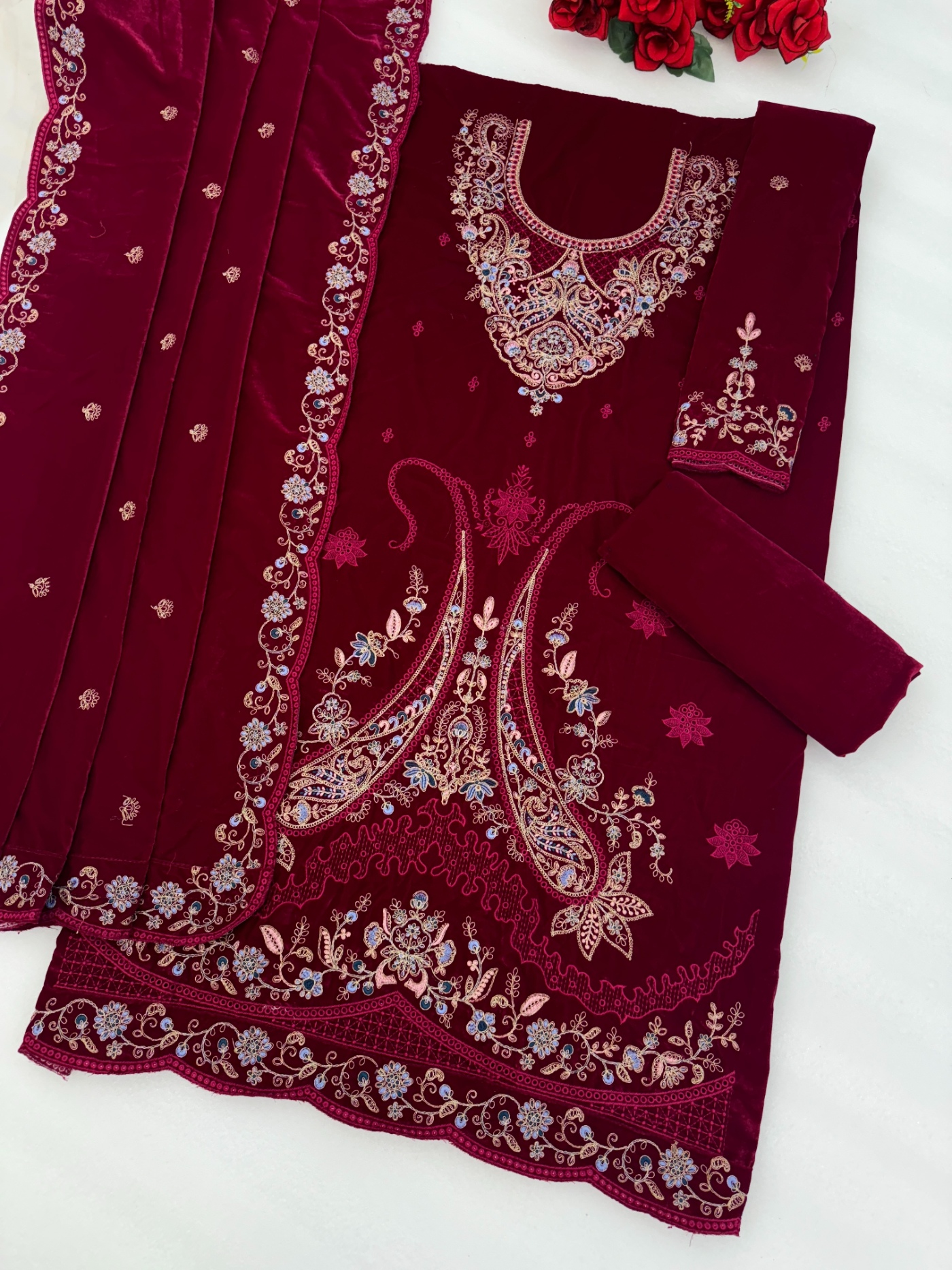 Magenta Embroidered Velvet Straight Suit
