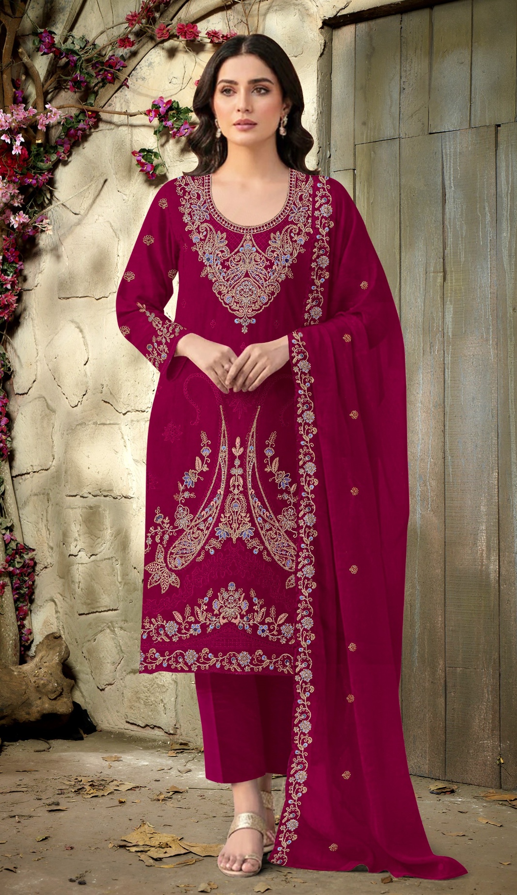 Magenta Embroidered Velvet Straight Suit
