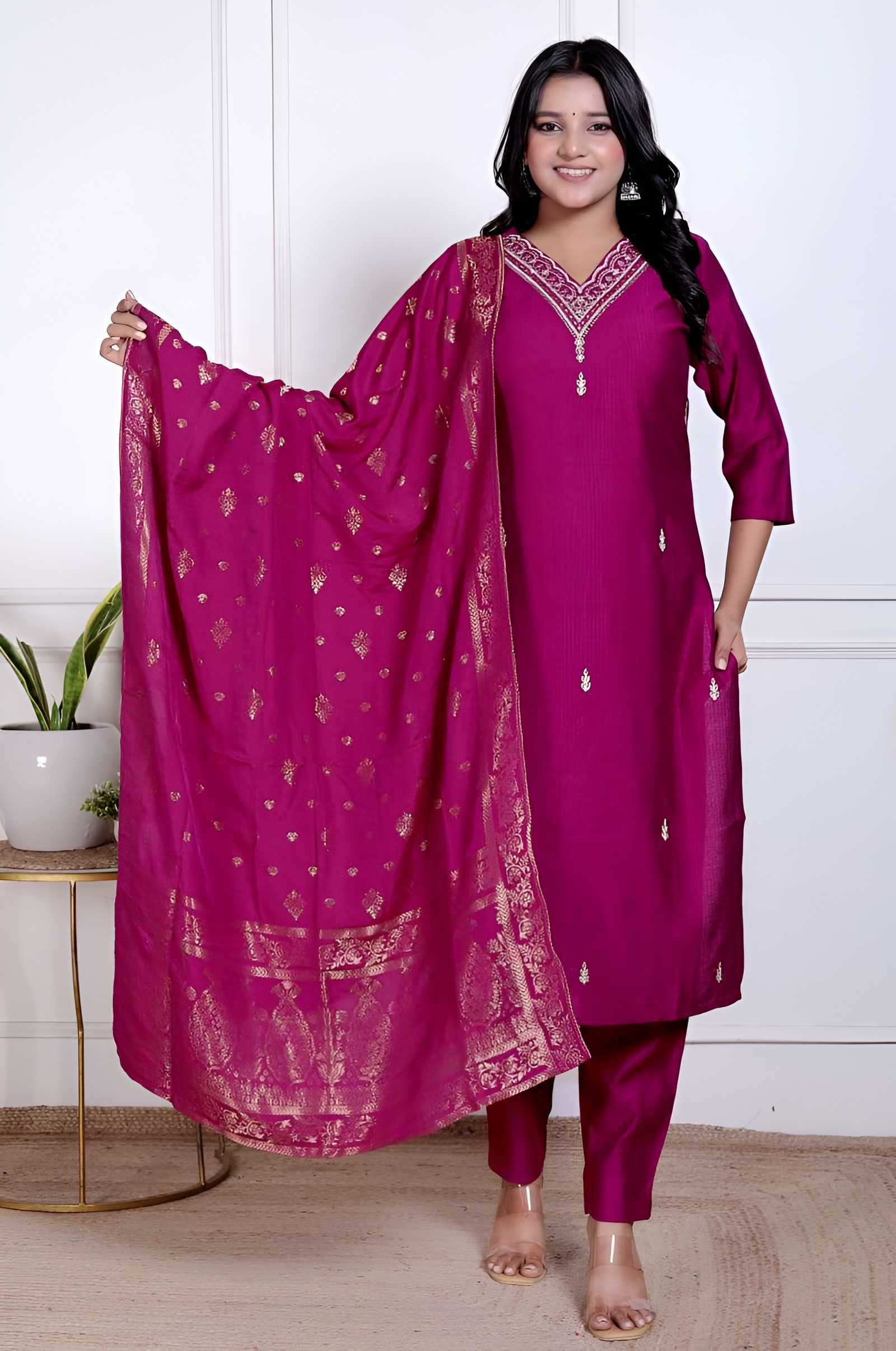 Magenta Embroidered Vetican Kurta Set