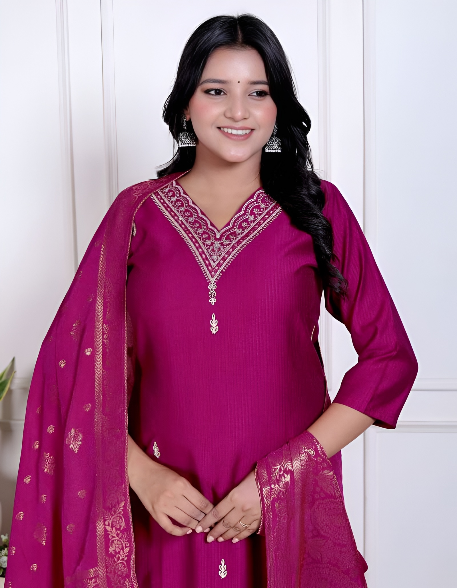 Magenta Embroidered Vetican Kurta Set