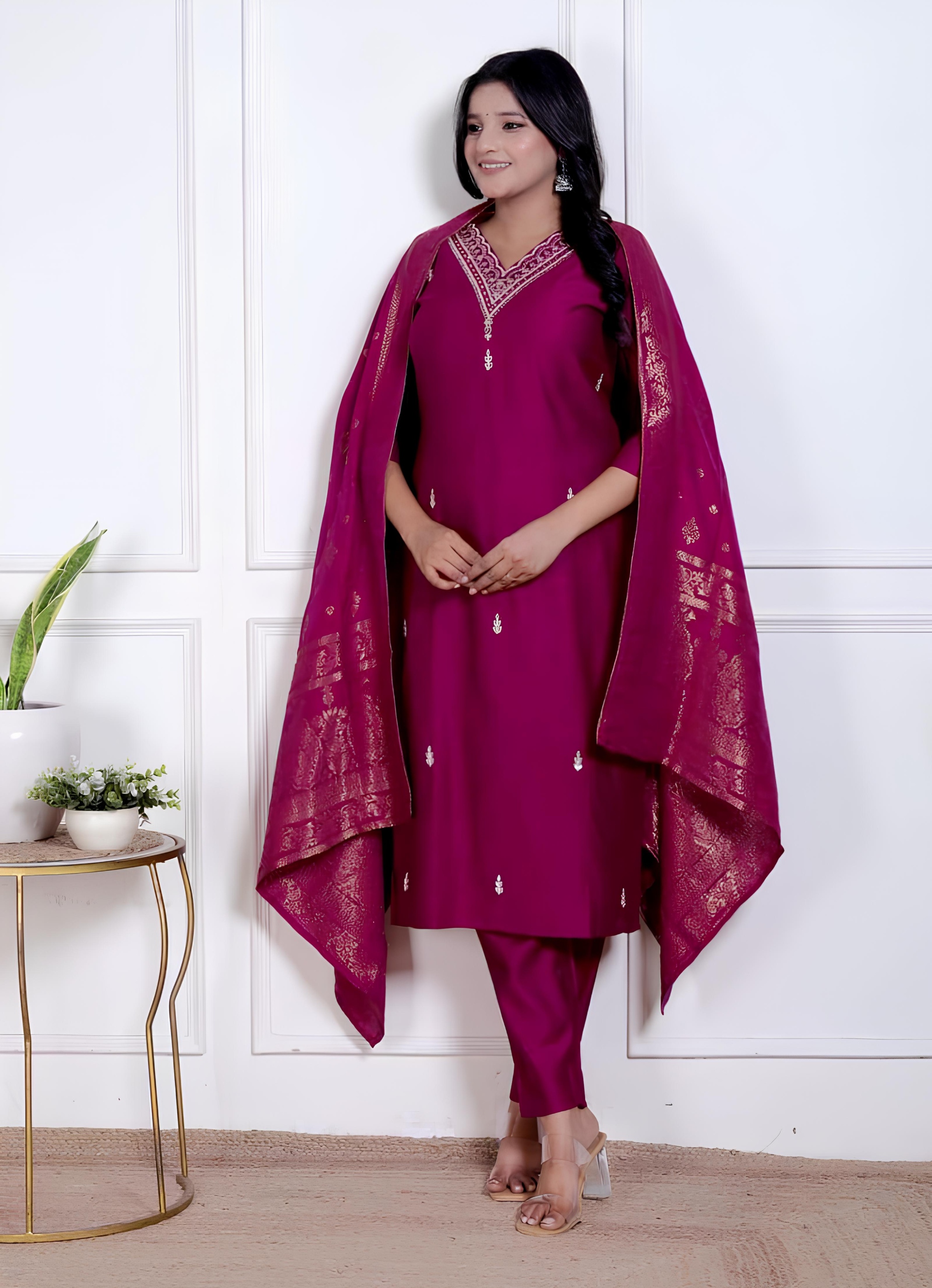 Magenta Embroidered Vetican Kurta Set