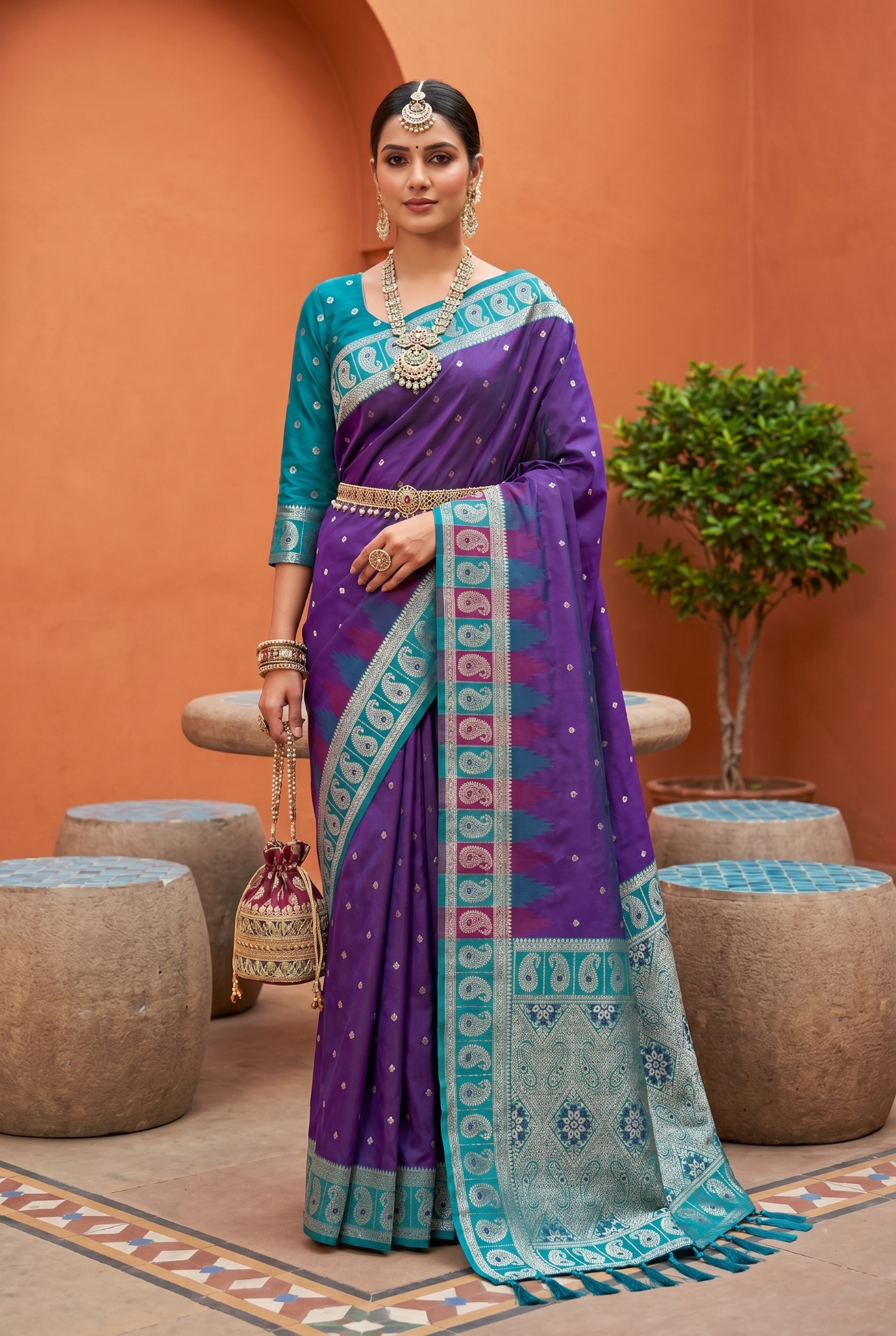 Magenta Ethnic Motif Woven Soft Silk Saree