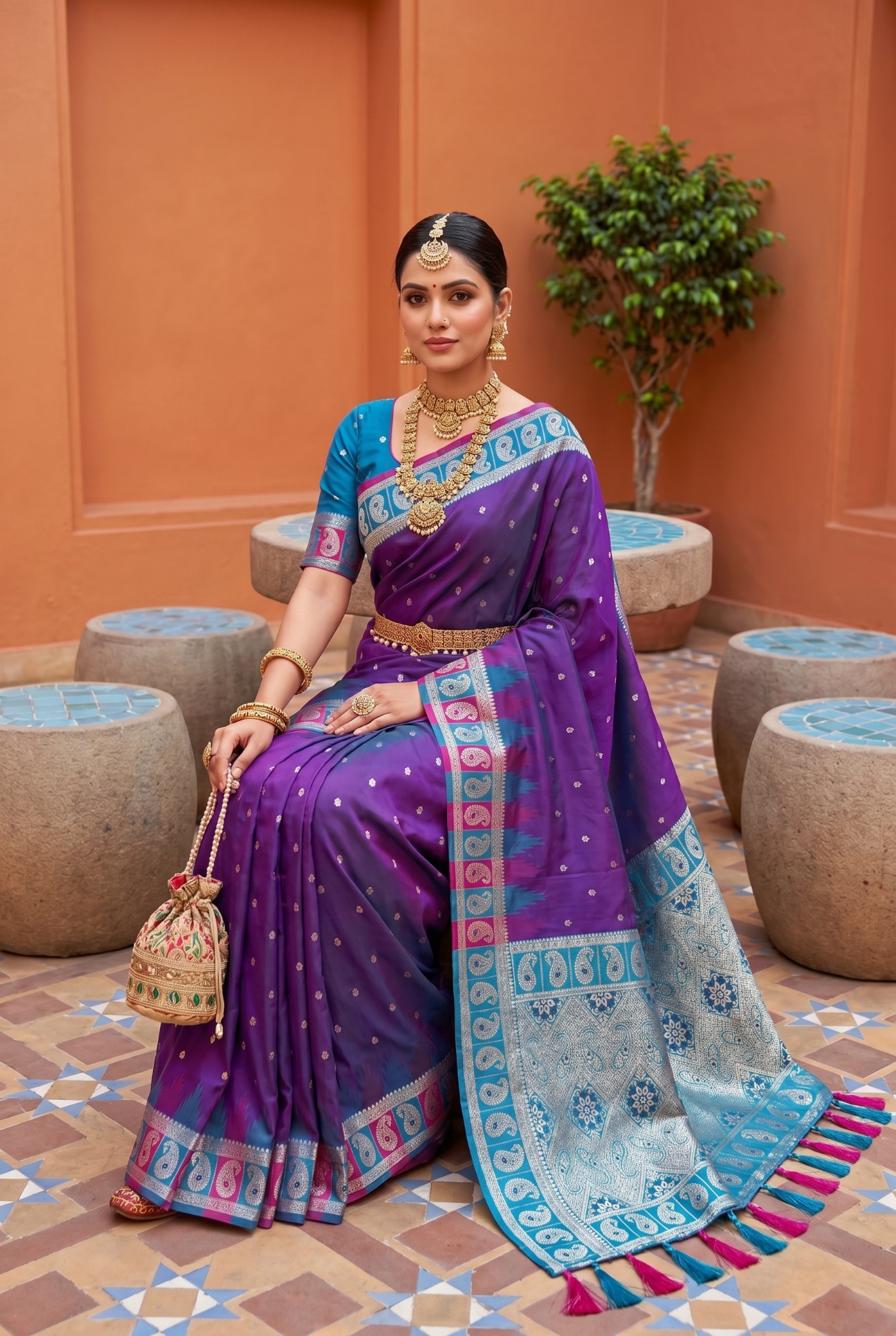 Magenta Ethnic Motif Woven Soft Silk Saree