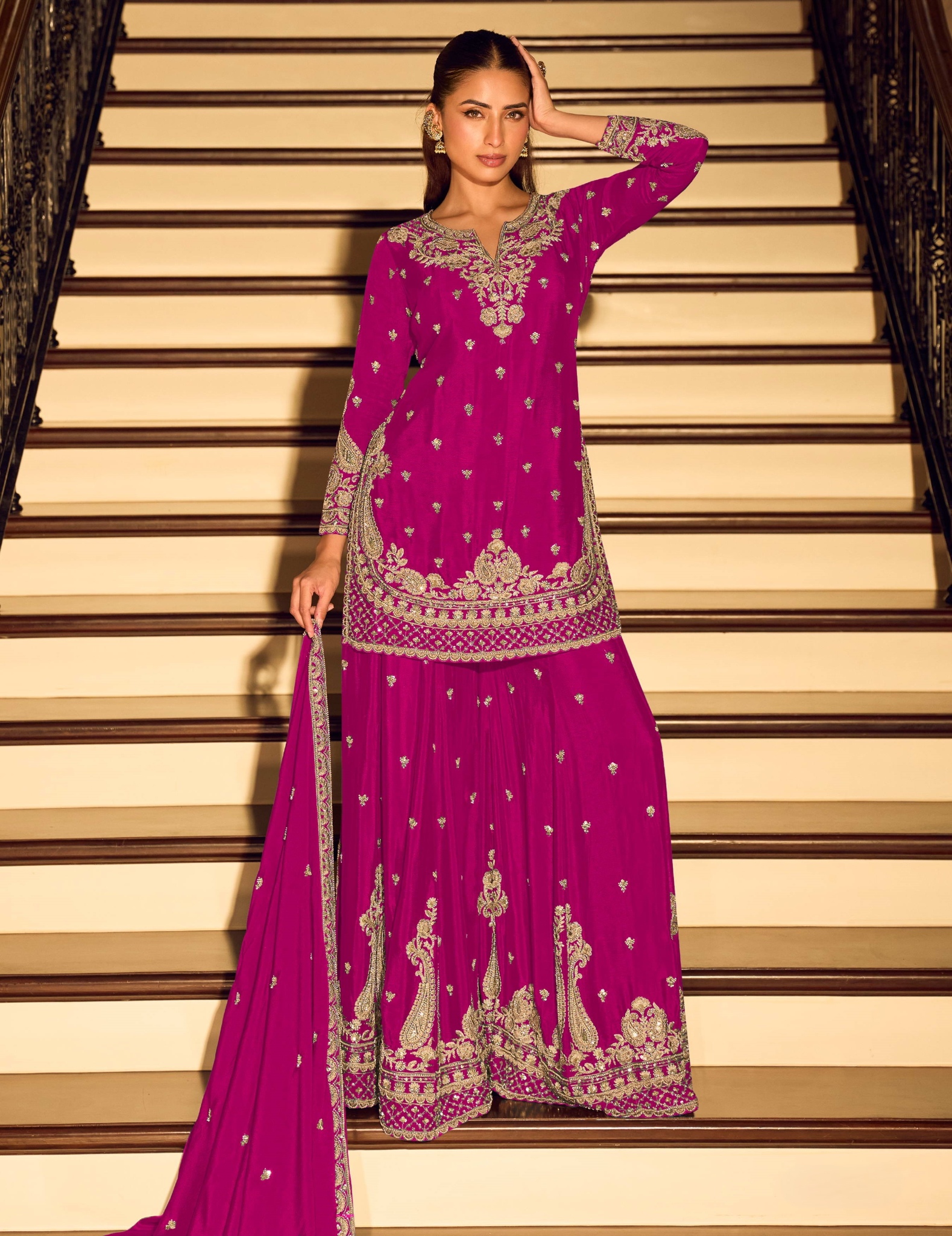 Magenta Floral Embroidered Chinon Palazzo Suit