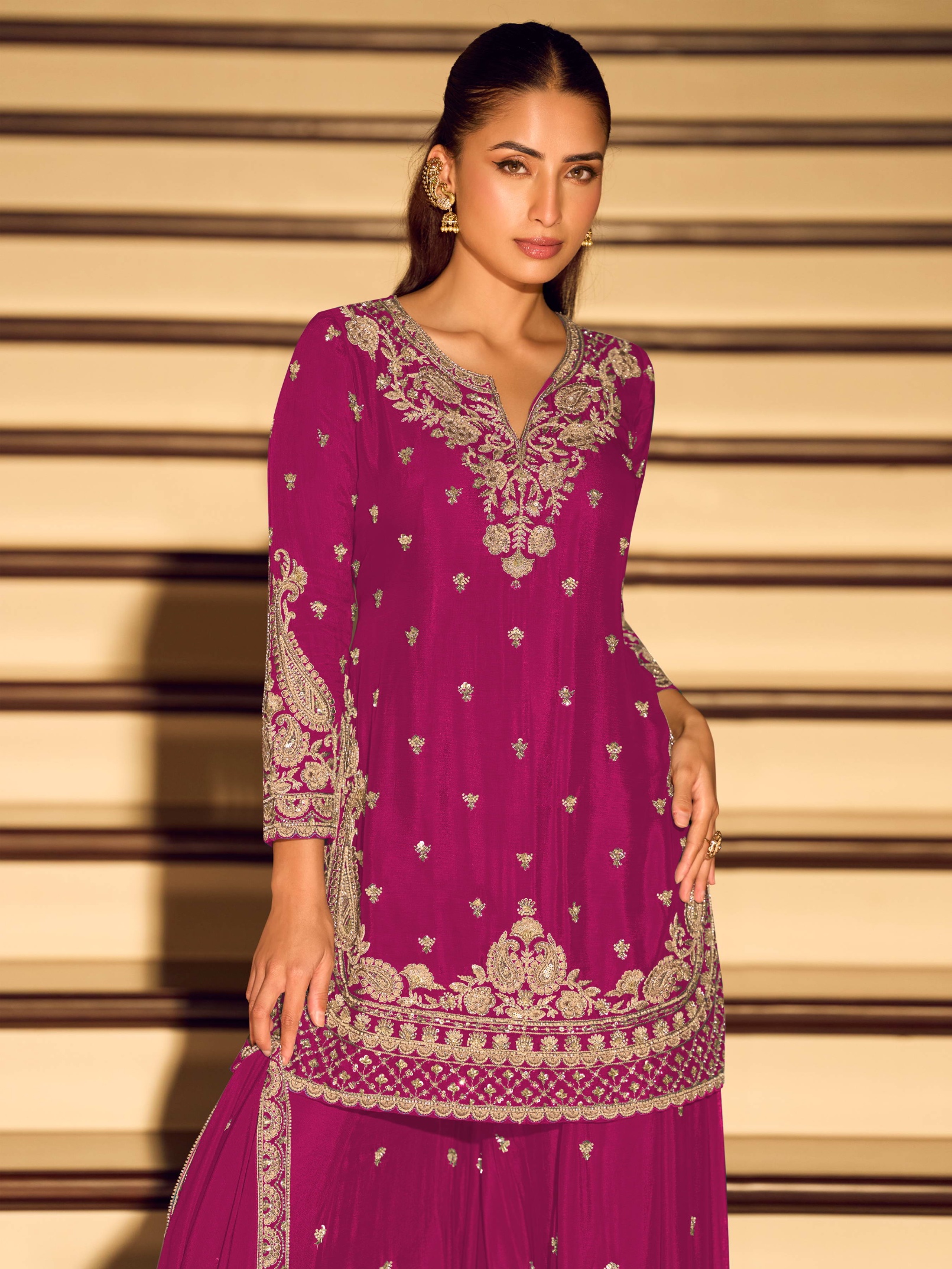 Magenta Floral Embroidered Chinon Palazzo Suit