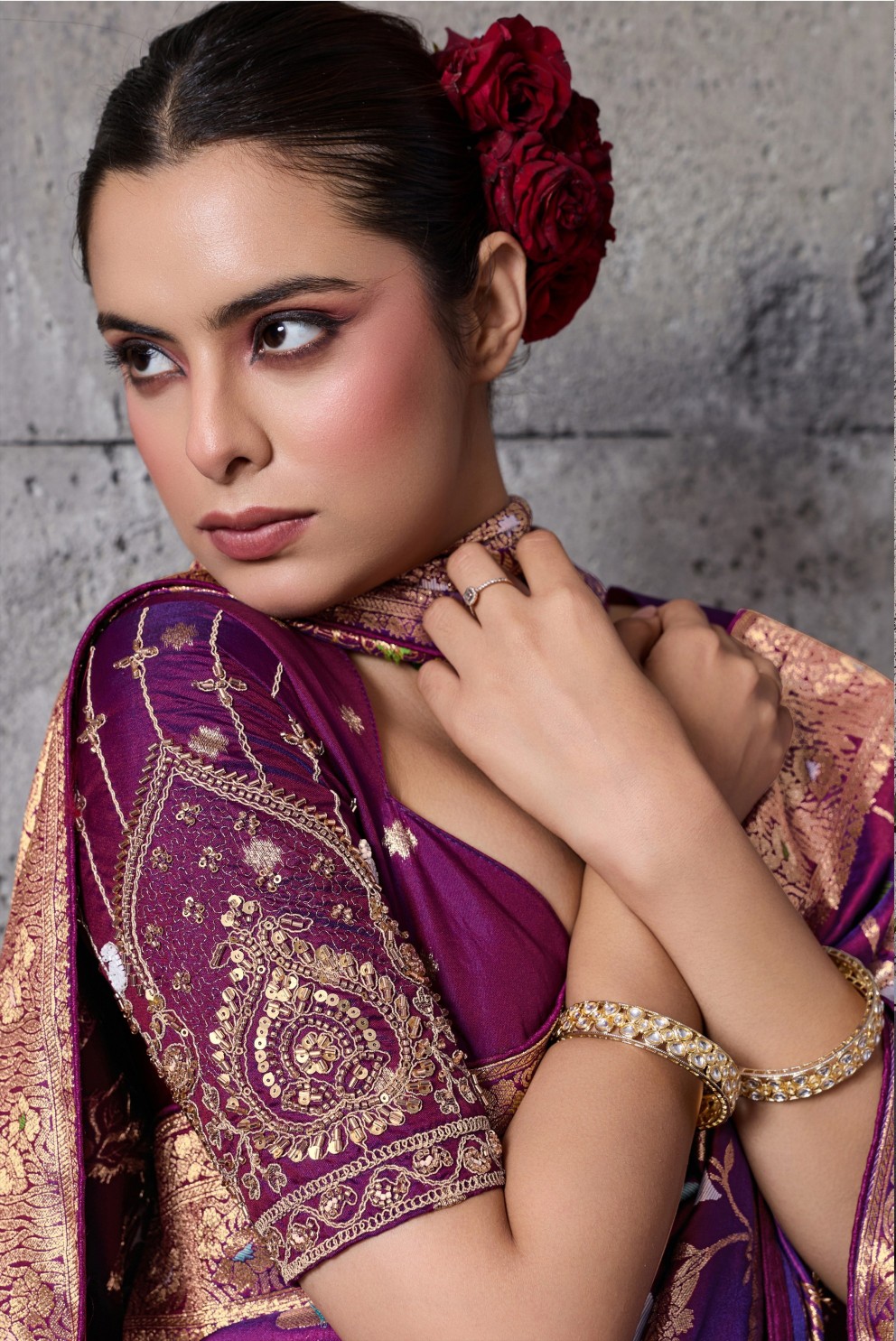 Magenta Floral Paisley Zari Banarasi Silk Saree — alternate view