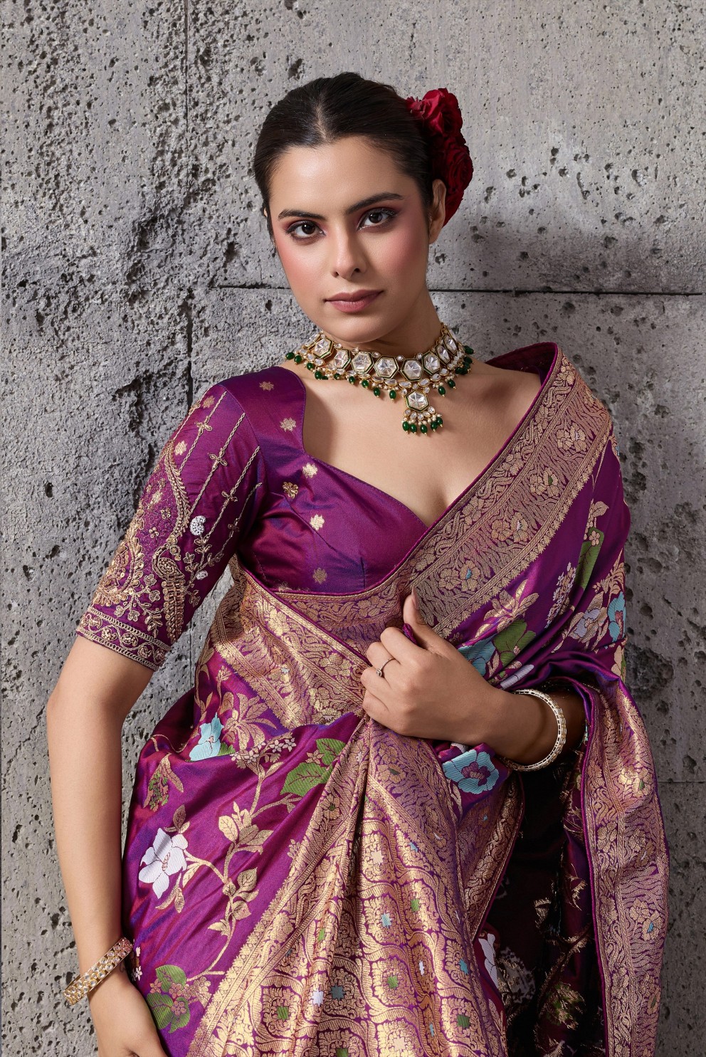Magenta Floral Paisley Zari Banarasi Silk Saree