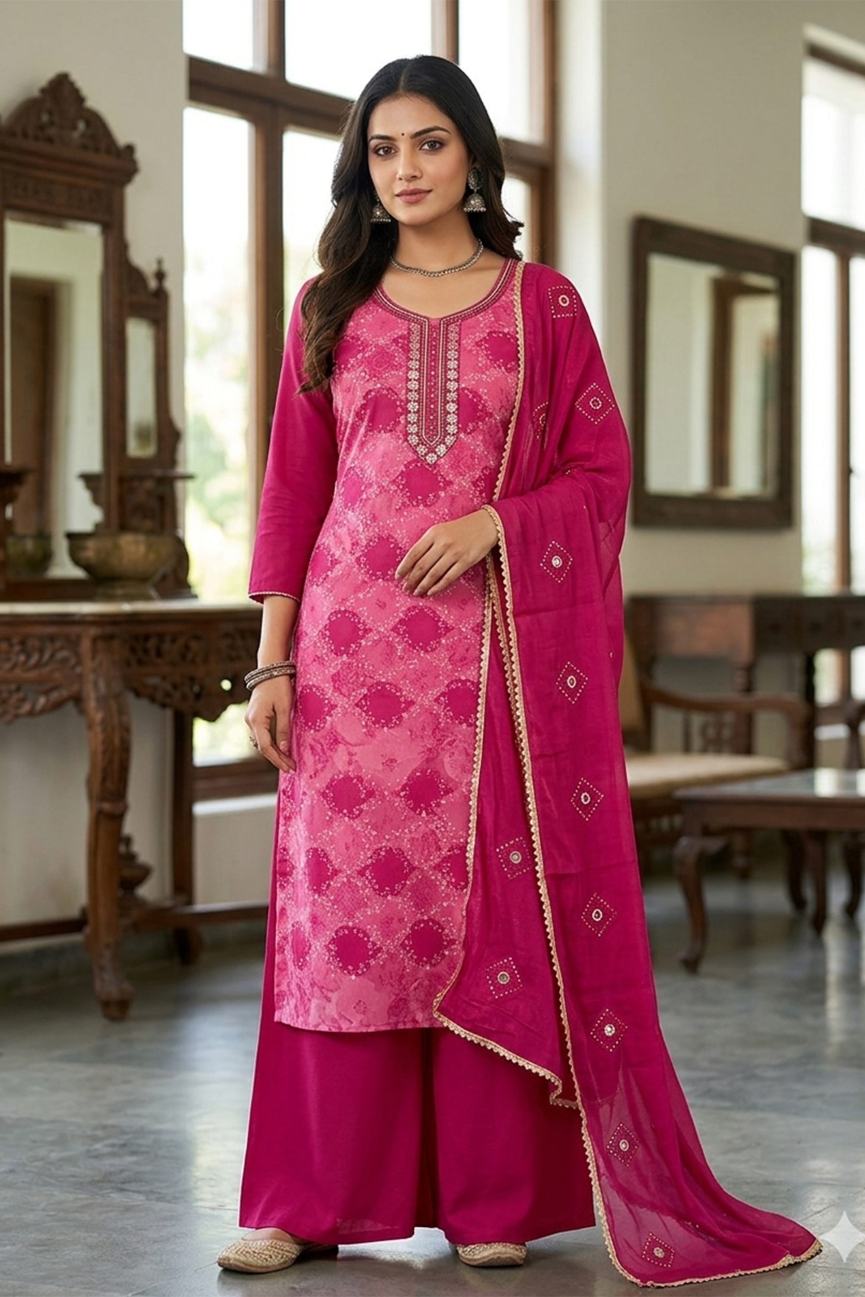 Magenta Geometric Printed Muslin Straight Pant Suit