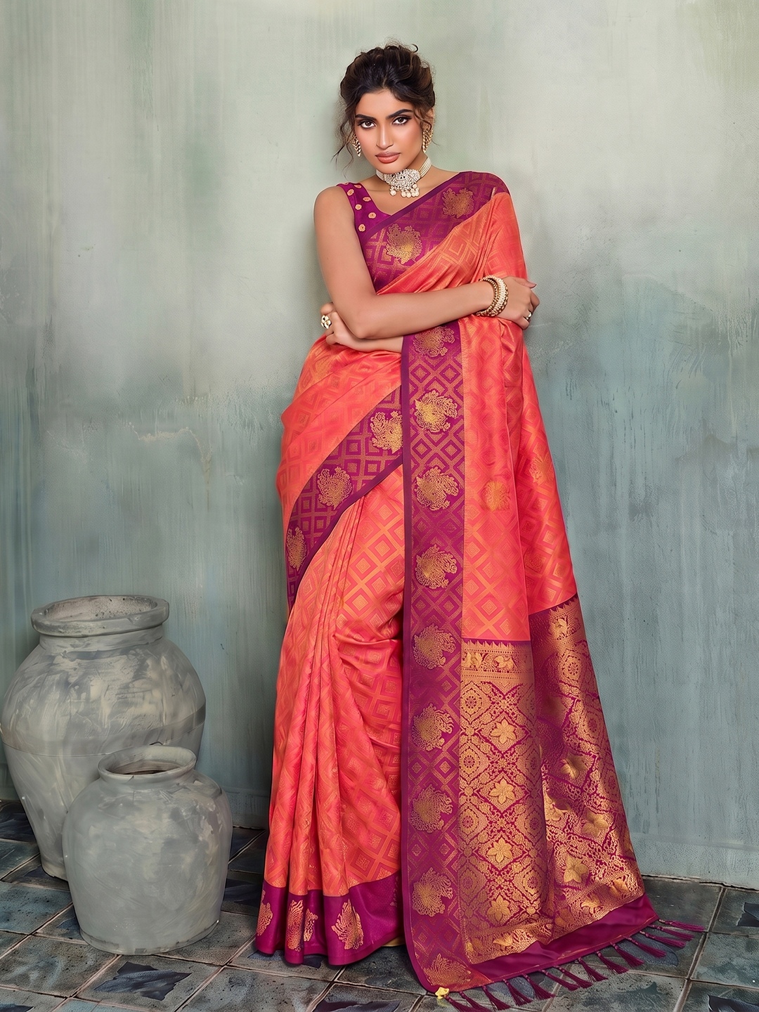 Magenta Geometric Woven Designer Silk Saree