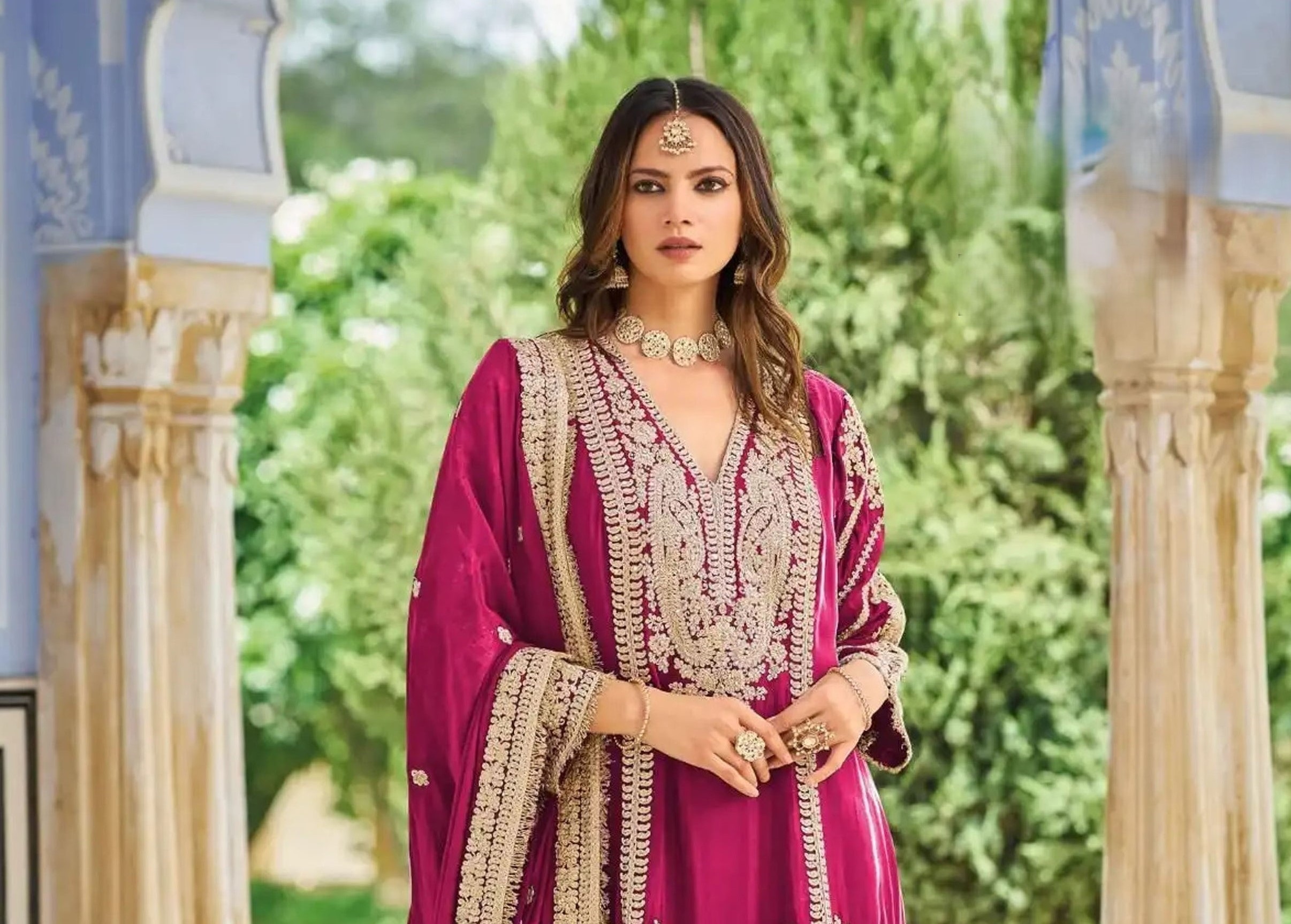 Magenta Heavy Embroidery Chinon Palazzo Suit — alternate view
