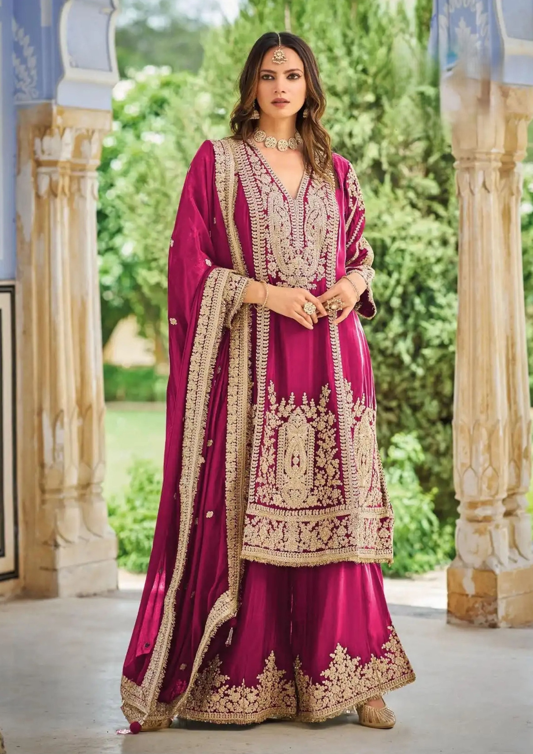 Magenta Heavy Embroidery Chinon Palazzo Suit