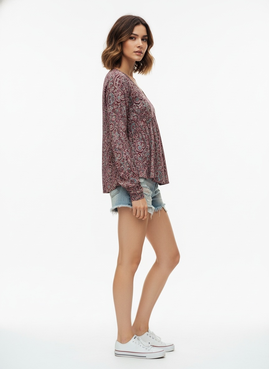 Magenta Paisley Designer Printed Poly Crepe Top