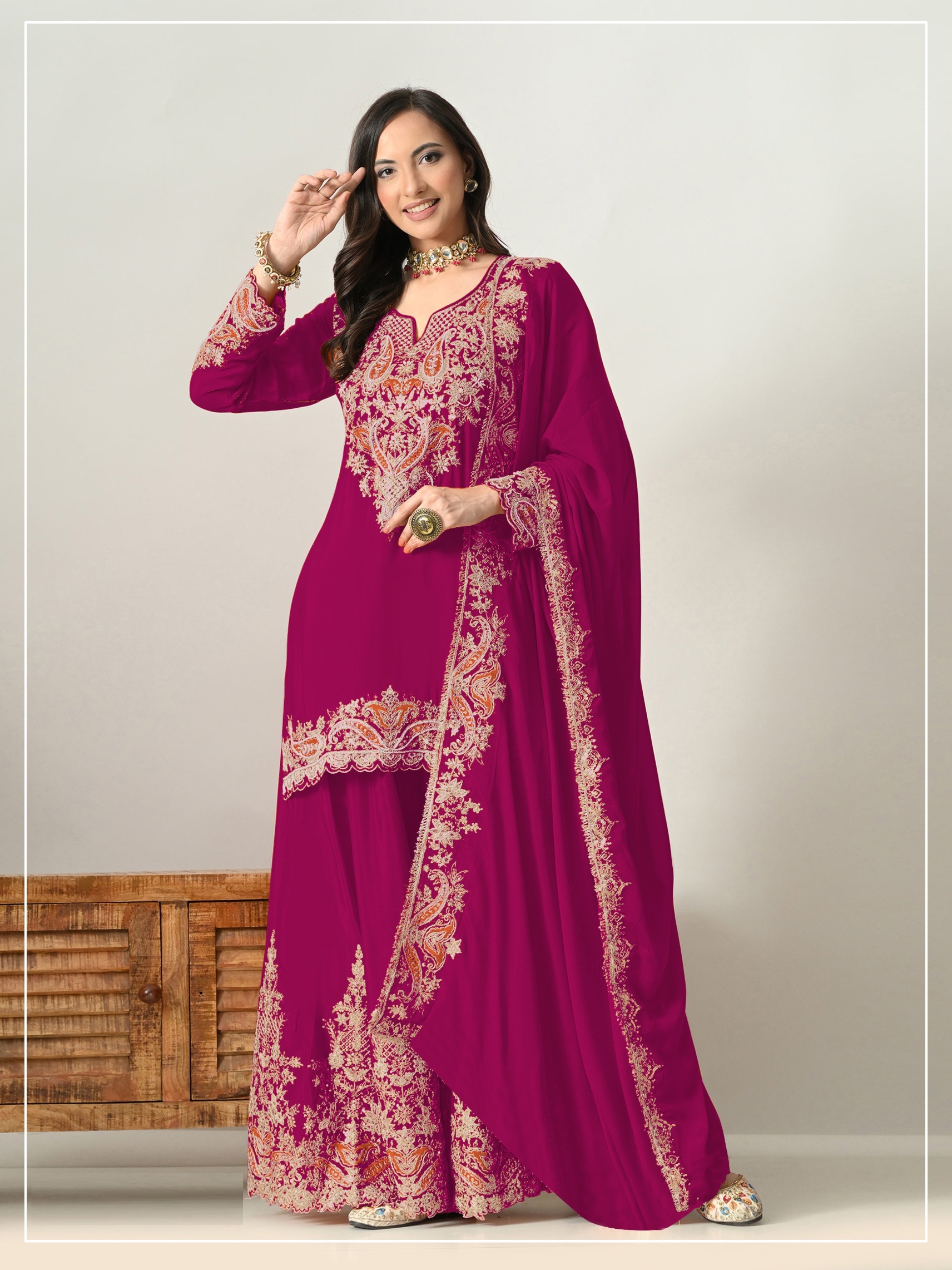 Magenta Paisley Embroidery Chinon Sharara Suit