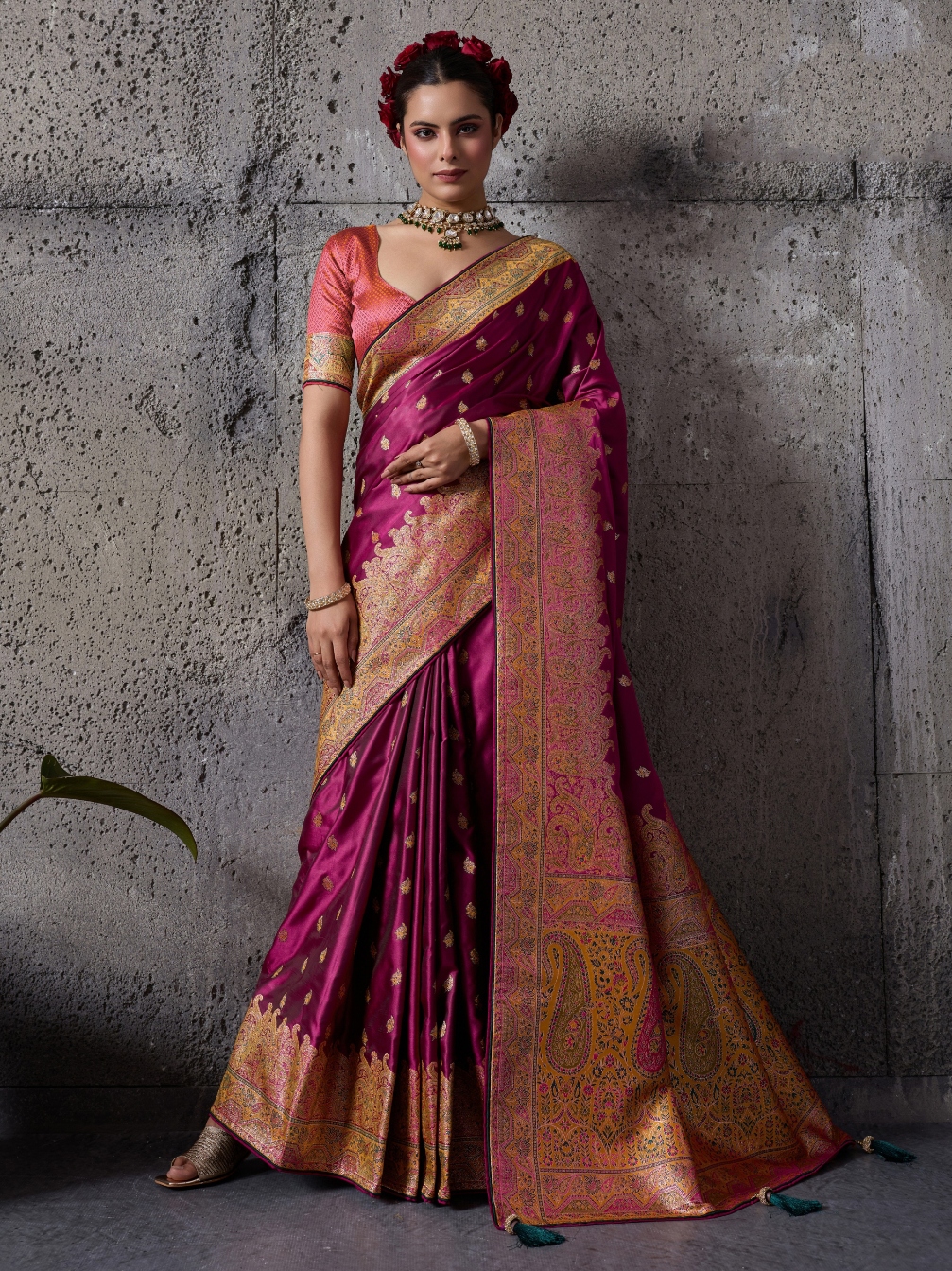 Magenta Paisley Meenakari Satin Silk Saree