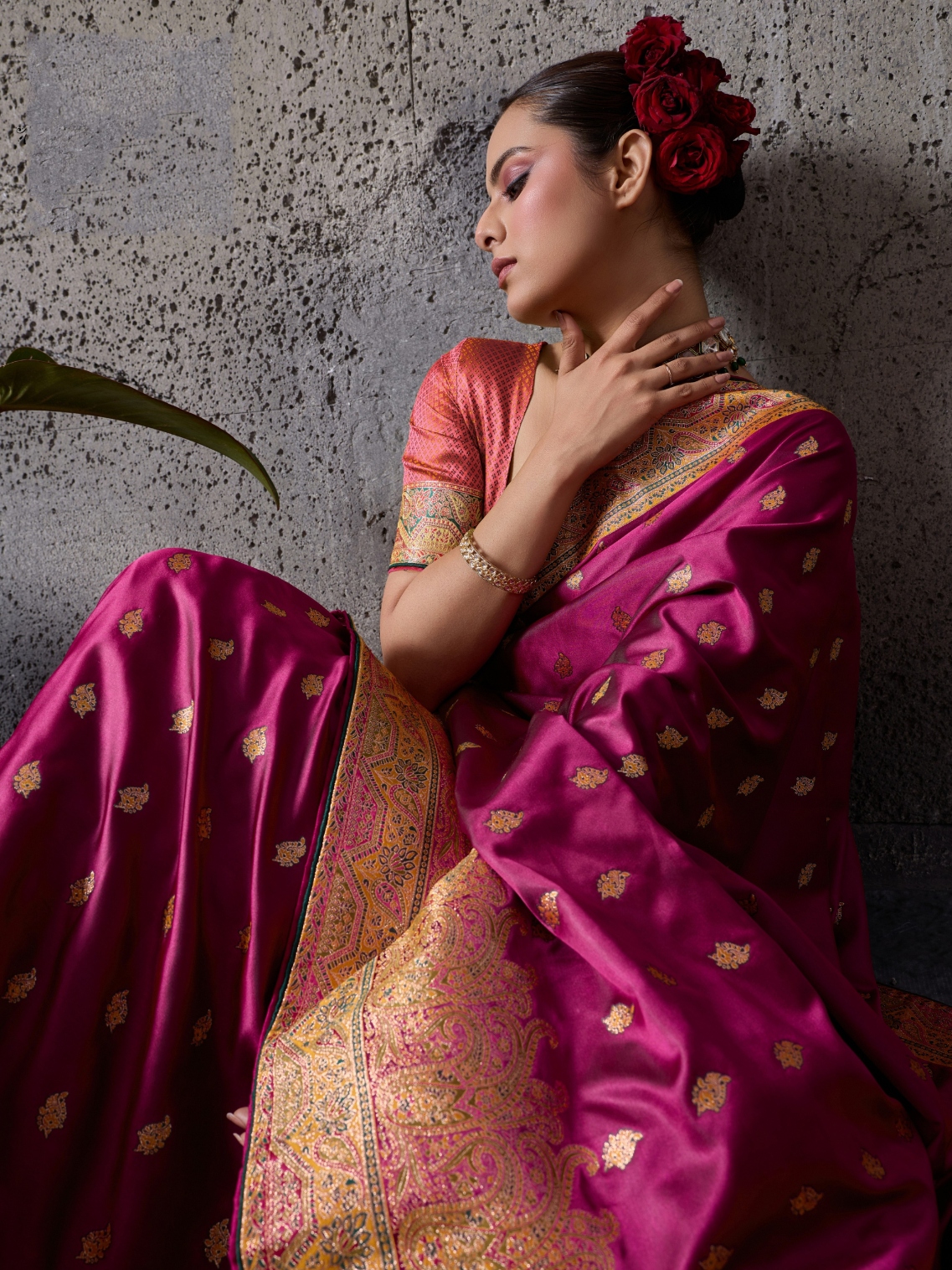 Magenta Paisley Meenakari Satin Silk Saree — alternate view