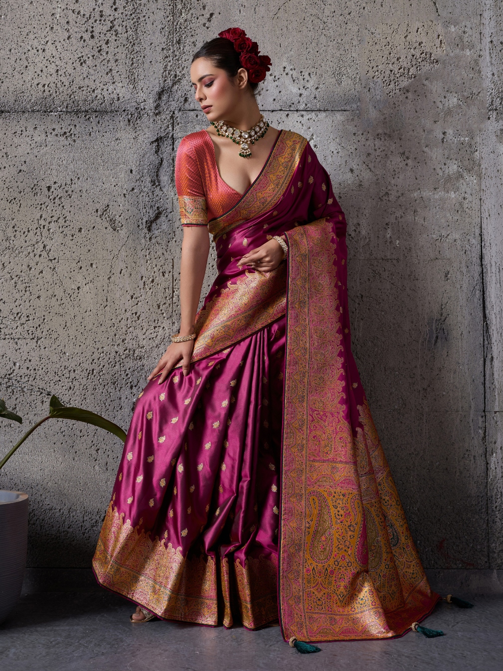 Magenta Paisley Meenakari Satin Silk Saree