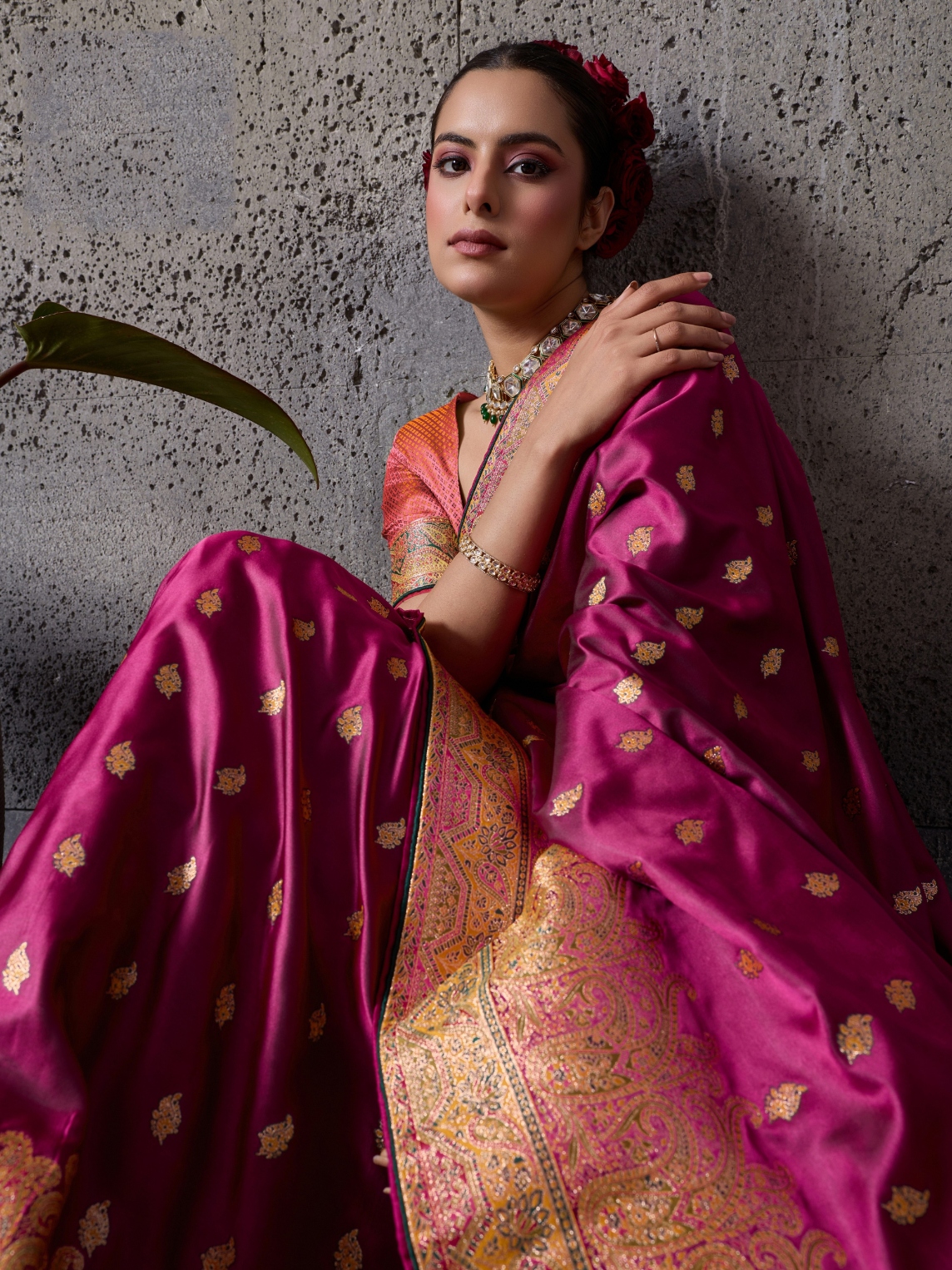 Magenta Paisley Meenakari Satin Silk Saree