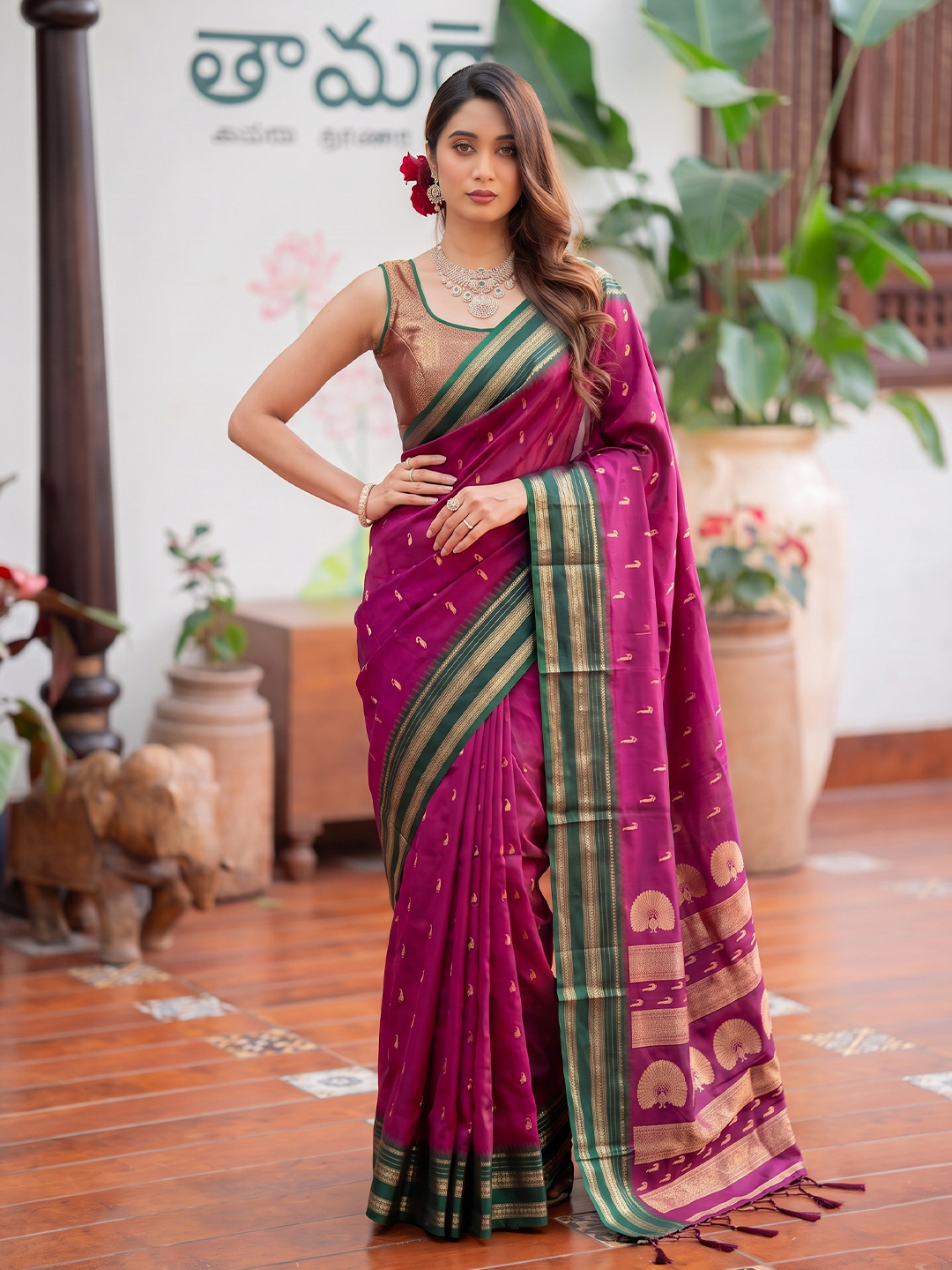 Magenta Paisley Woven Soft Silk Saree