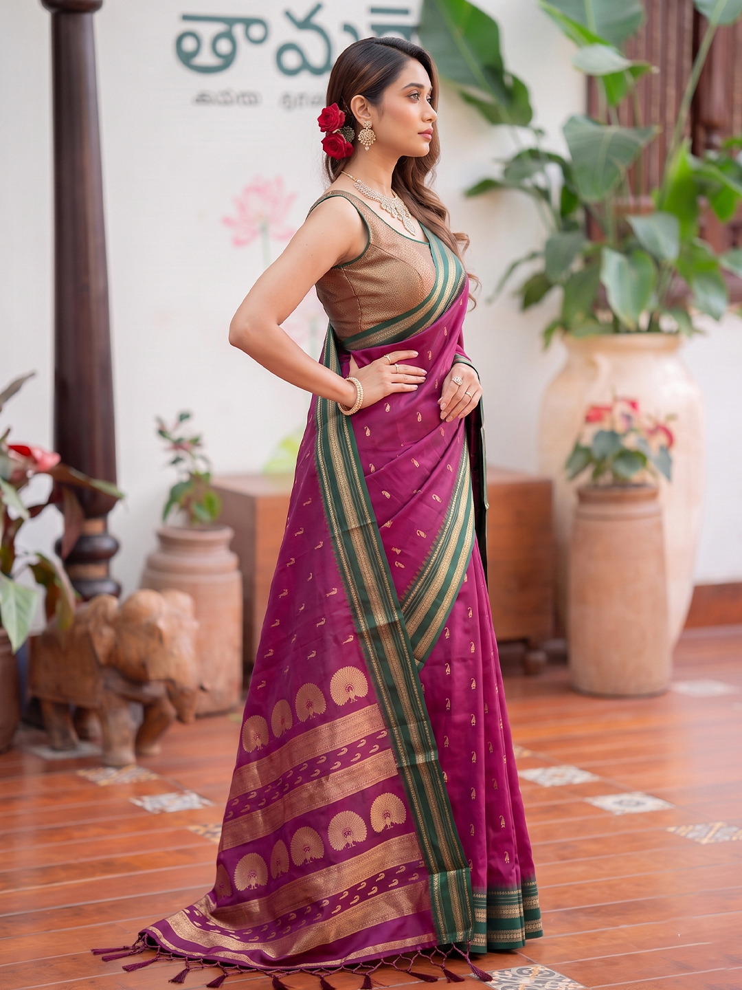 Magenta Paisley Woven Soft Silk Saree