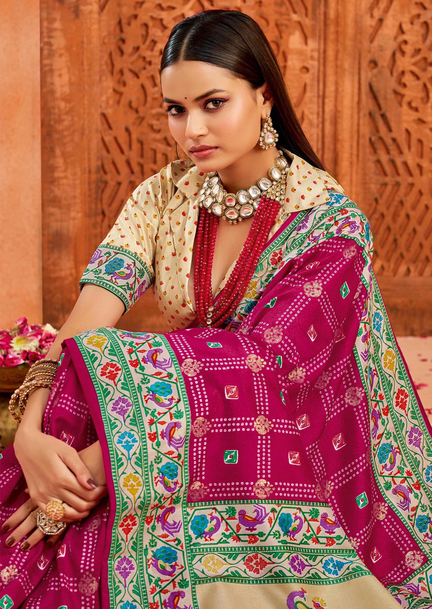 Magenta Rose Velvet Tussar Silk Saree