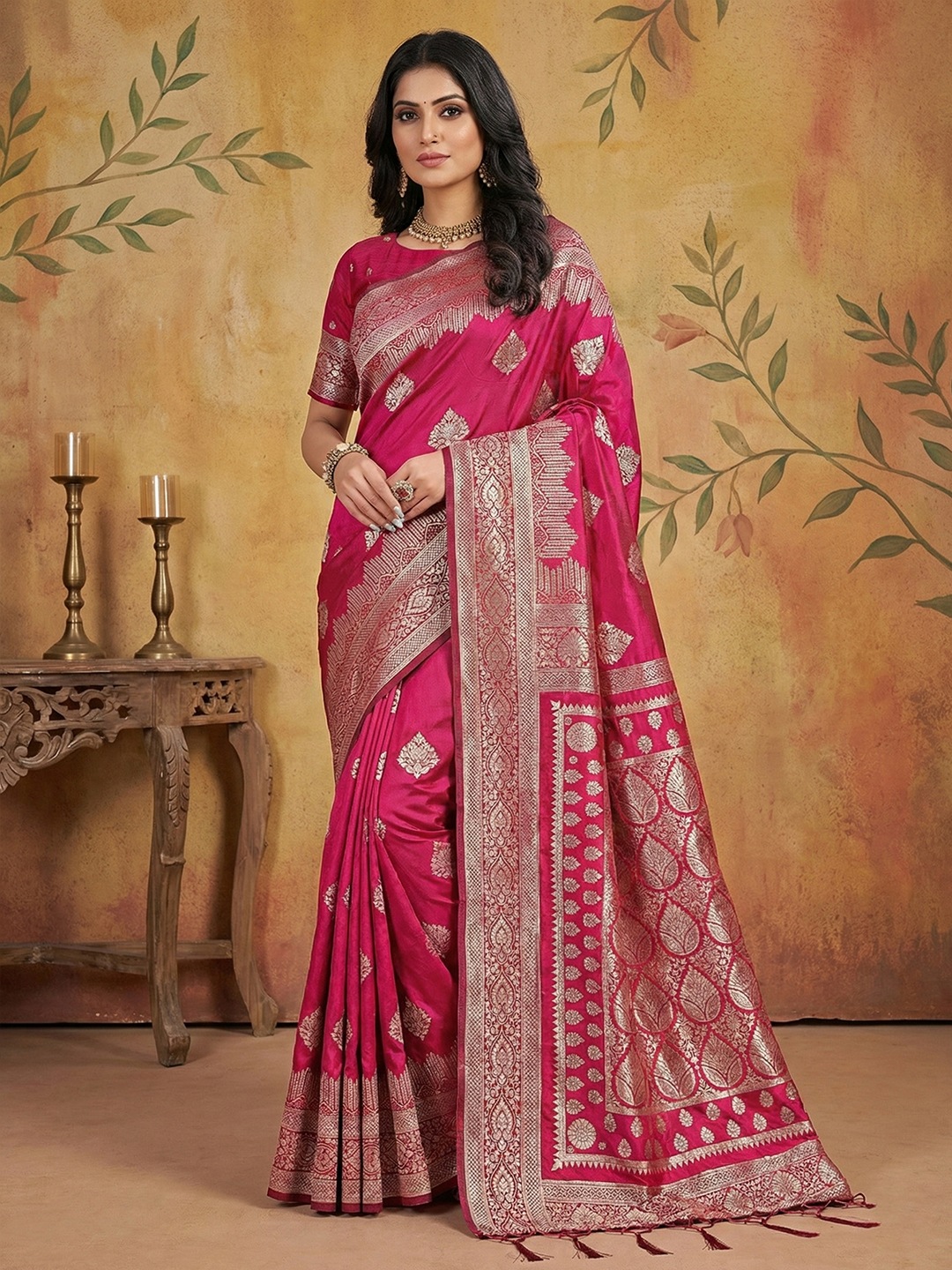Magenta Silk Blend Woven Designer Party Wear Saree