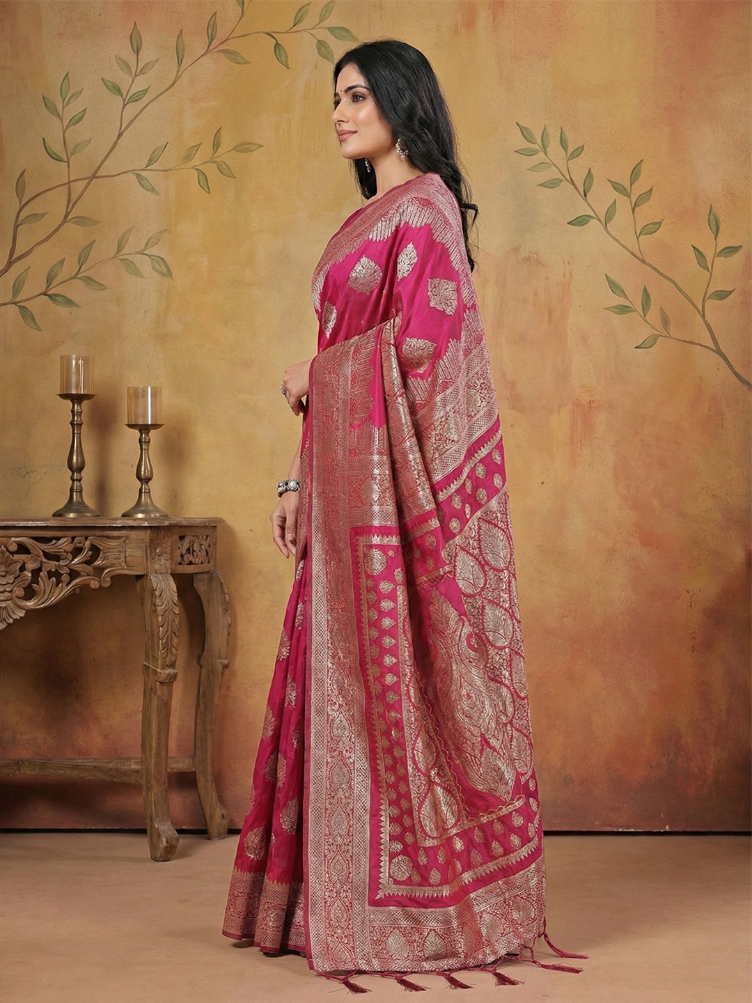 Magenta Silk Blend Woven Designer Party Wear Saree