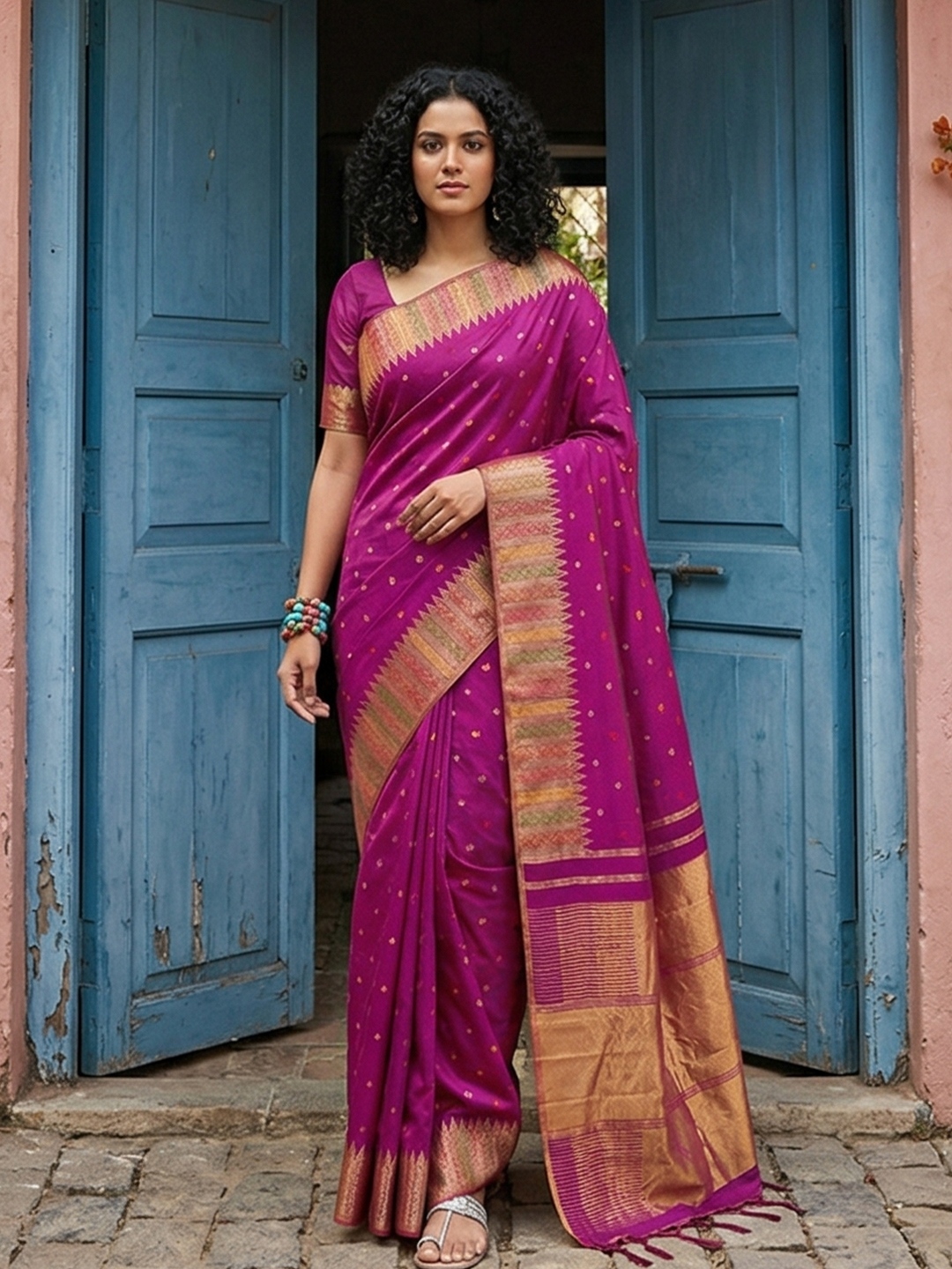 Magenta Silk Blend Woven Ornamental Saree