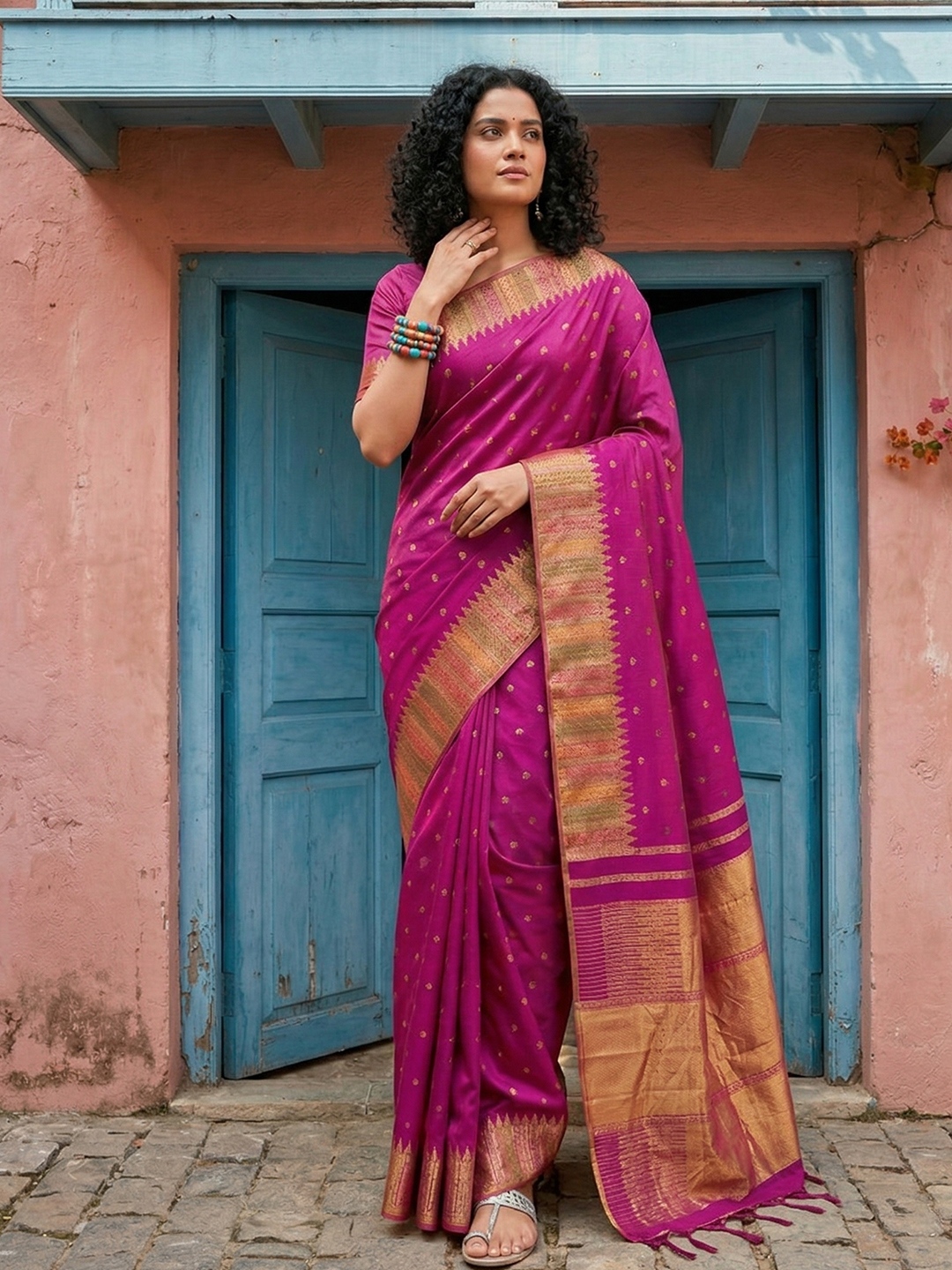 Magenta Silk Blend Woven Ornamental Saree