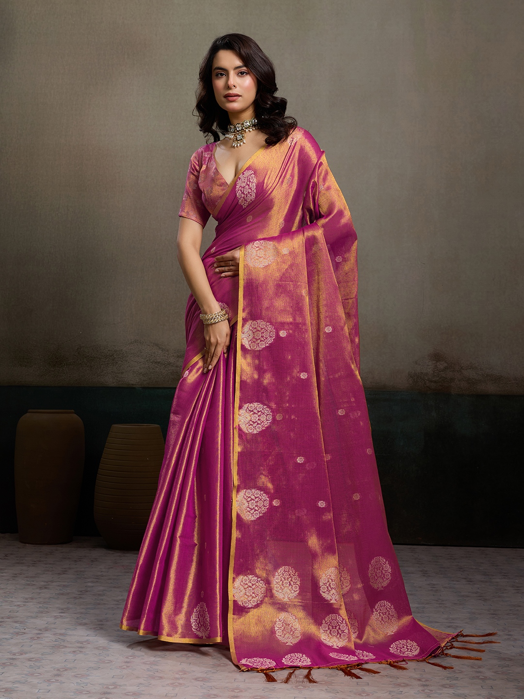 Magenta Tissue Silk Woven Designer Saree