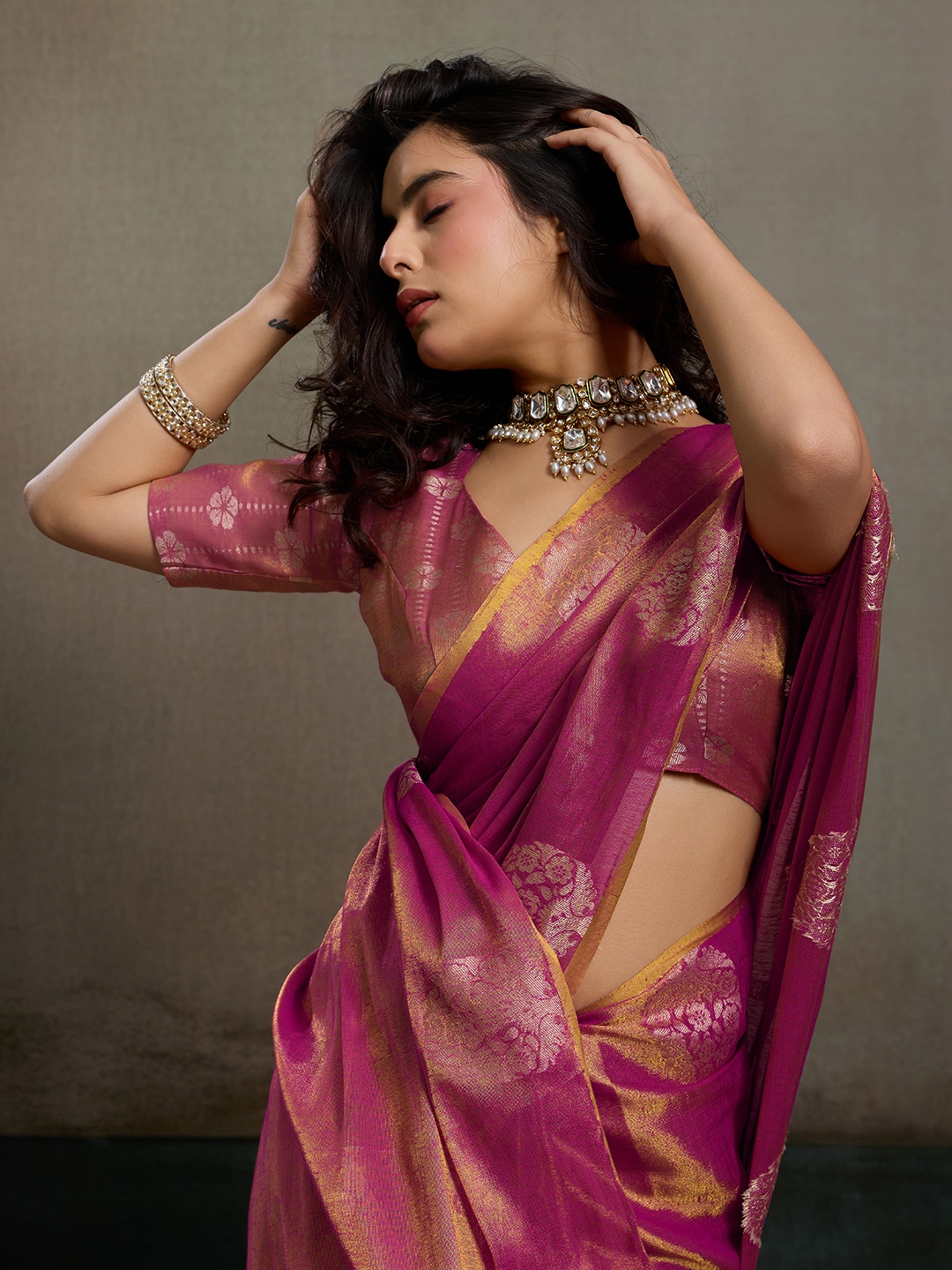 Magenta Tissue Silk Woven Designer Saree
