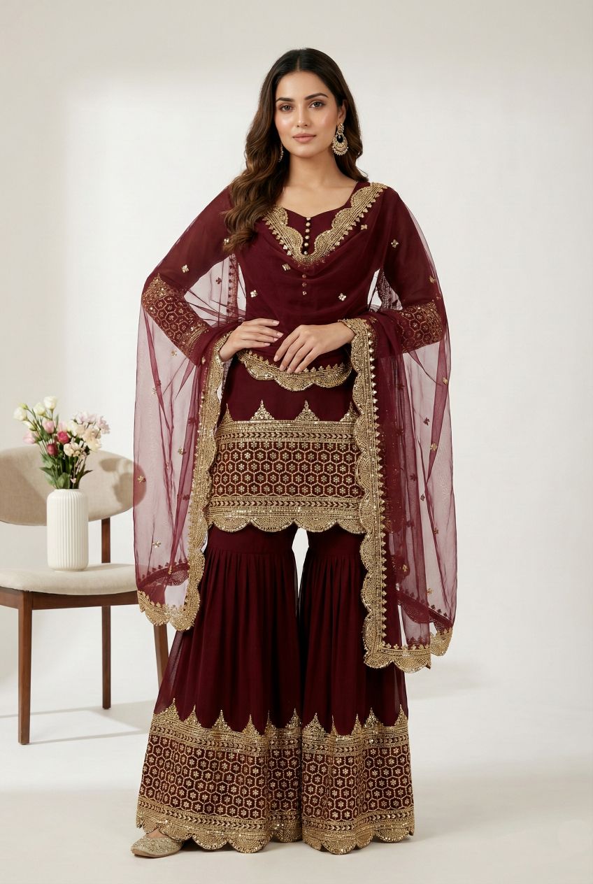 Maroon 5mm Embroidered Heavy Faux Georgette Sharara Suit