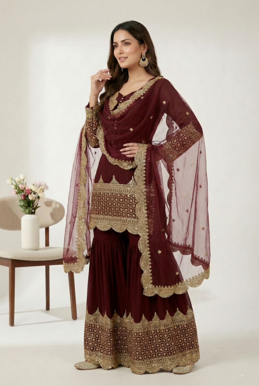 Maroon 5mm Embroidered Heavy Faux Georgette Sharara Suit — alternate view