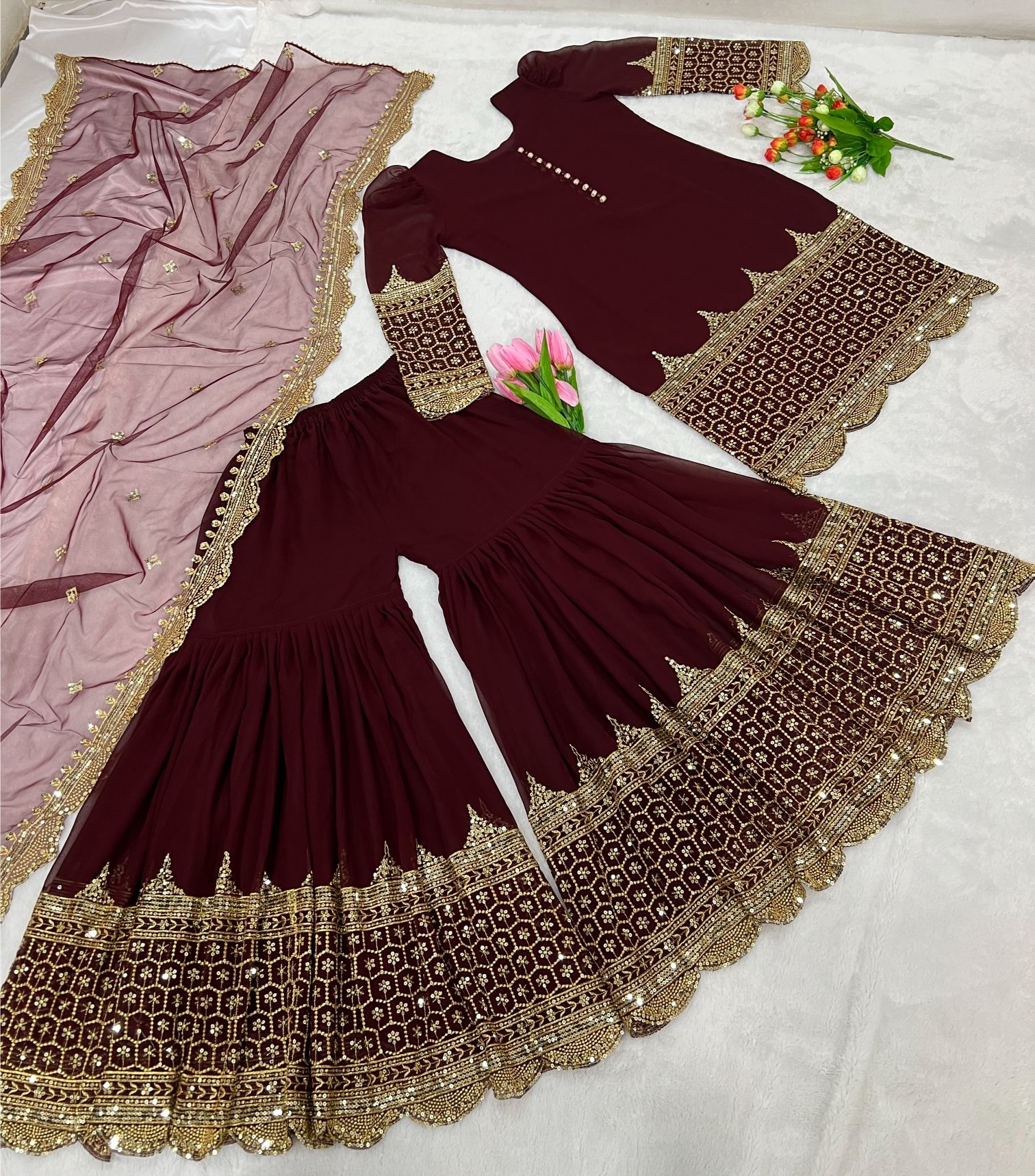 Maroon 5mm Embroidered Heavy Faux Georgette Sharara Suit