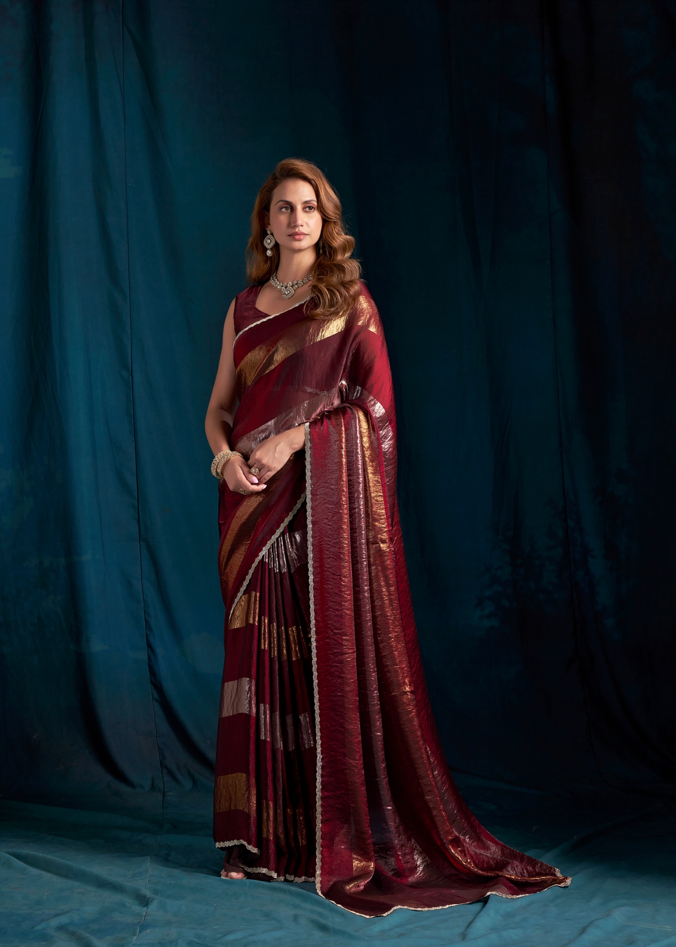 Maroon Abstract Foil Satin Silk Saree