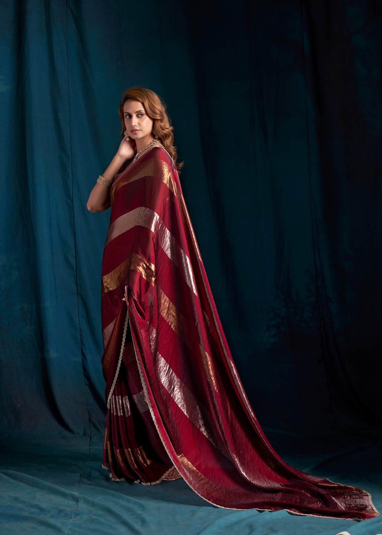 Maroon Abstract Foil Satin Silk Saree