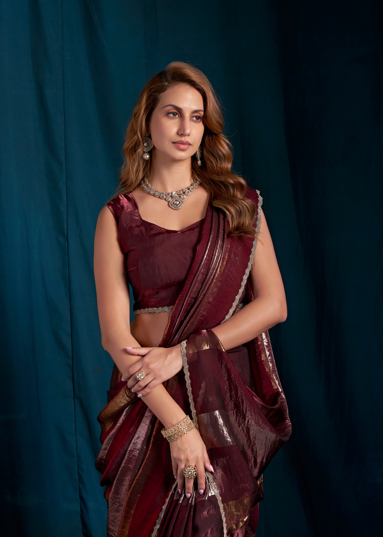 Maroon Abstract Foil Satin Silk Saree