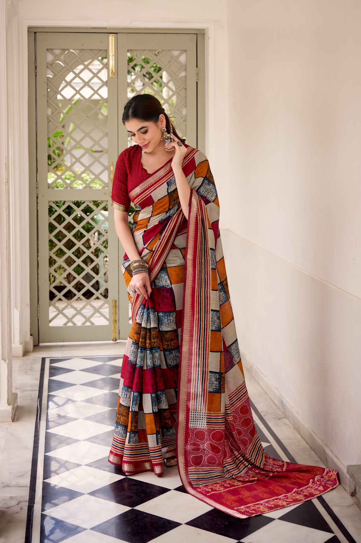 Maroon Abstract Woven Chanderi Saree