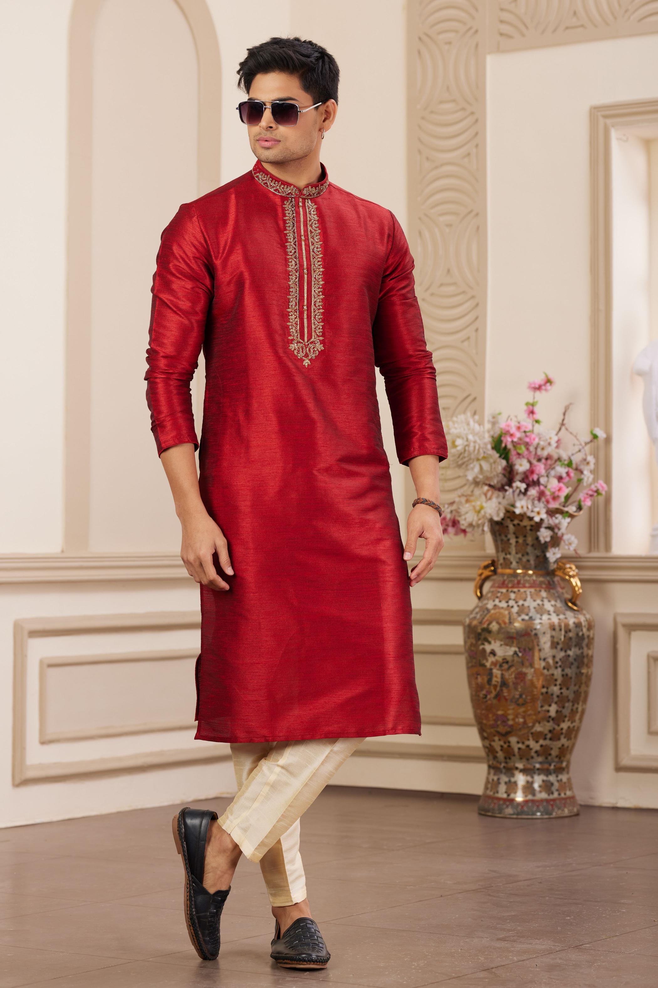 Maroon Art Silk Kurta Payjama