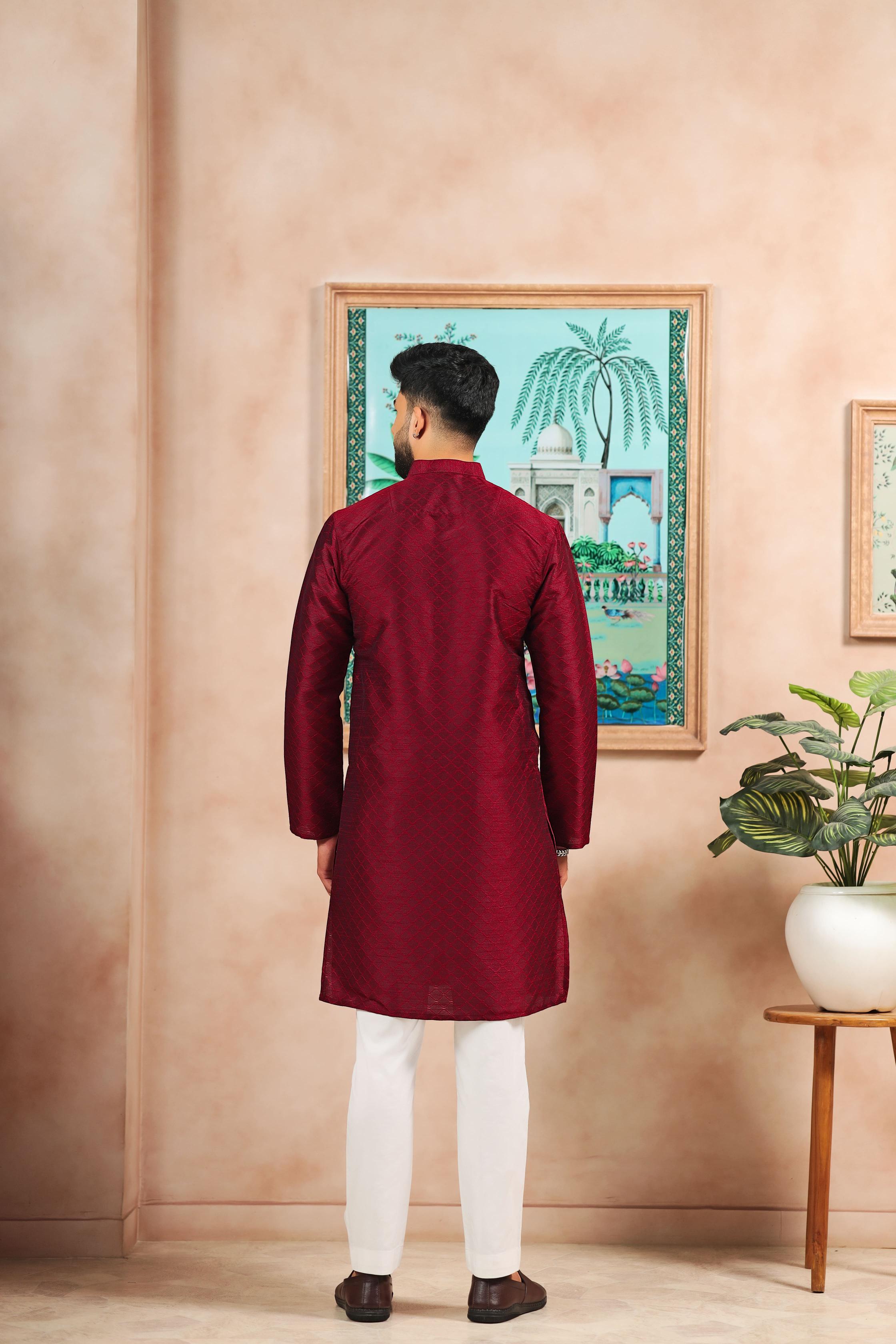 Maroon Art Silk Kurta Pyjama — alternate view