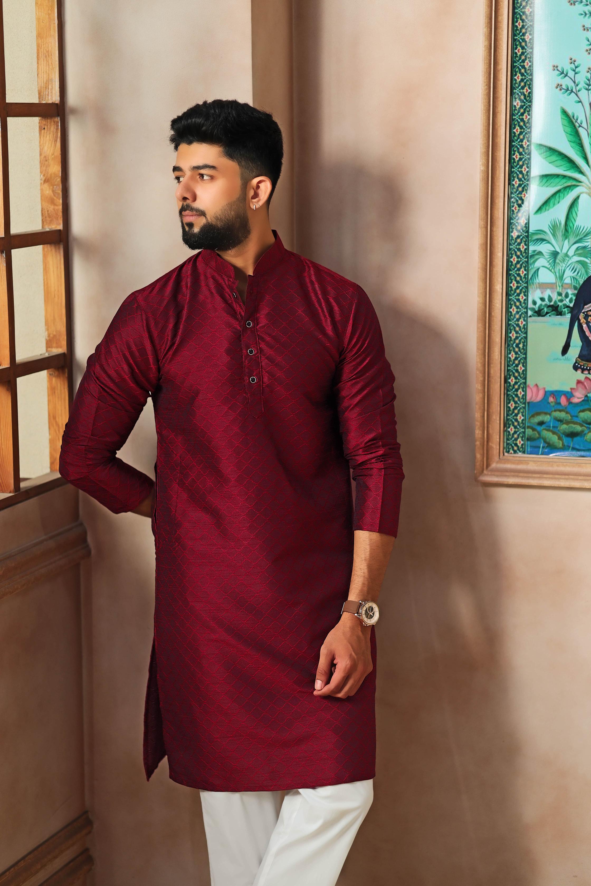 Maroon Art Silk Kurta Pyjama
