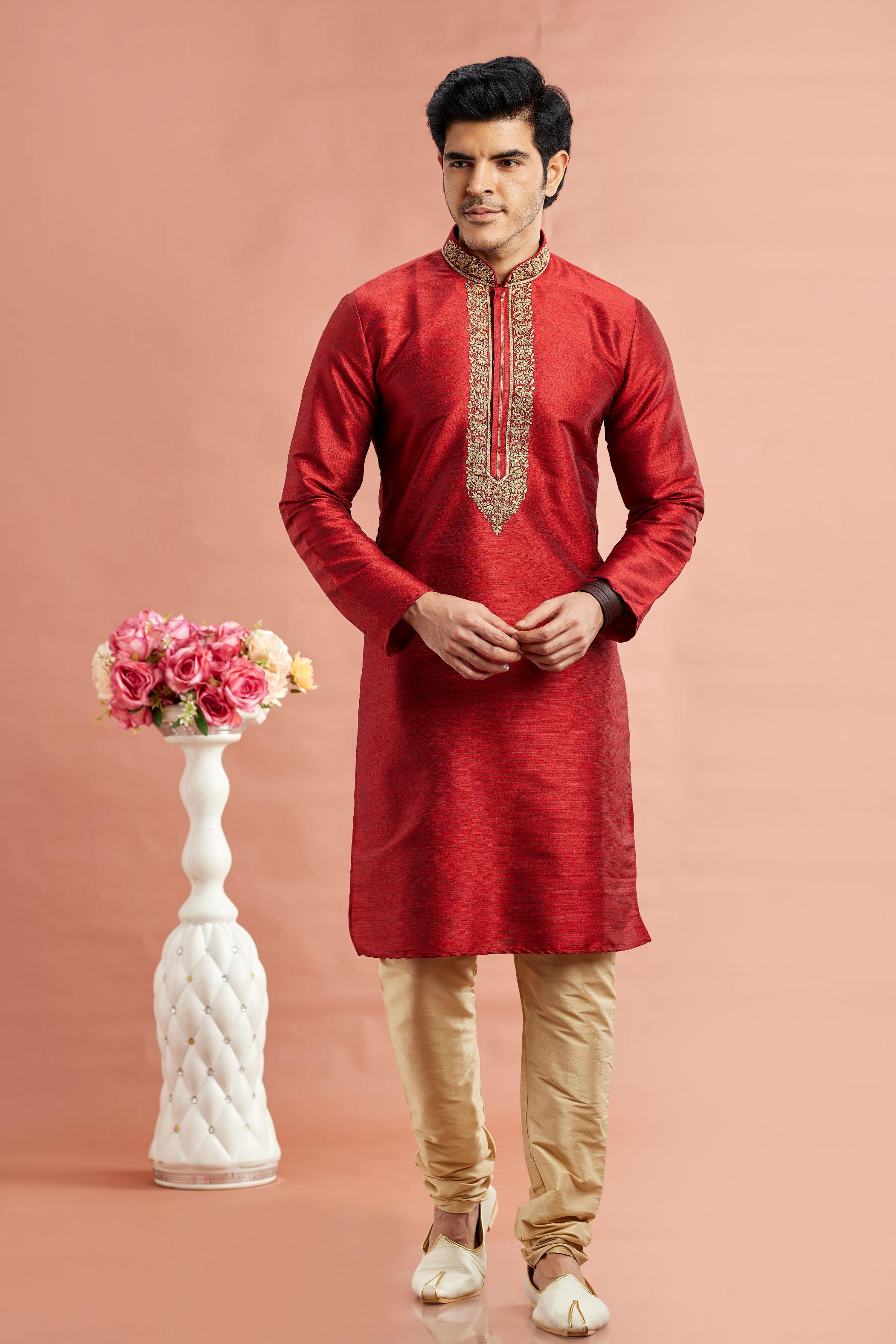Maroon Banarasi Silk Embroidered Kurta Pyjama