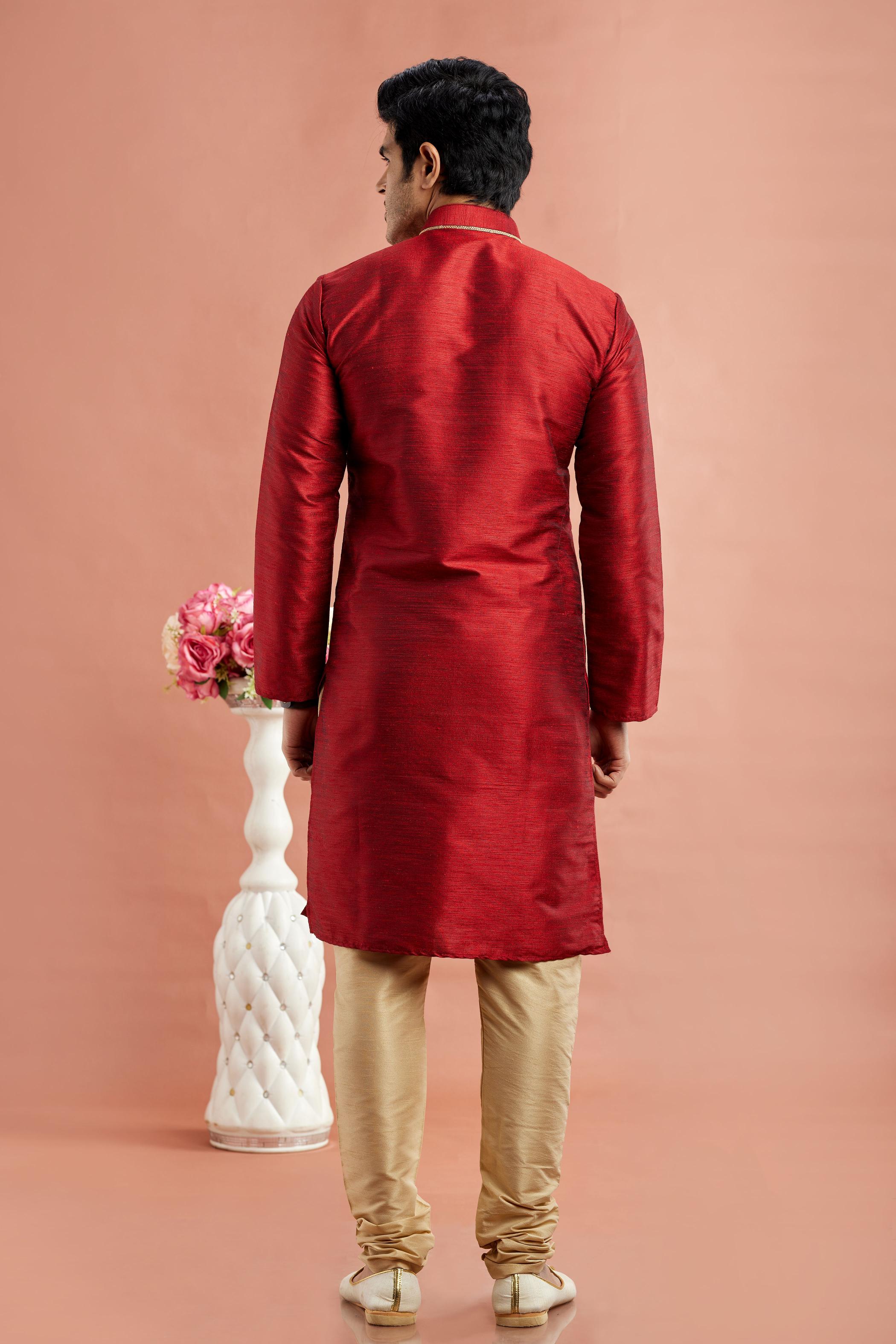 Maroon Banarasi Silk Embroidered Kurta Pyjama — alternate view
