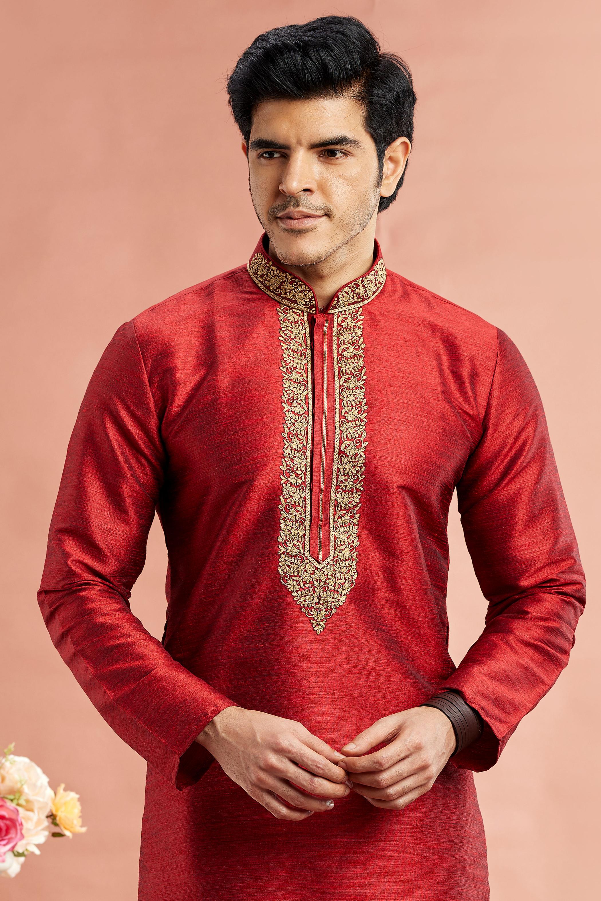 Maroon Banarasi Silk Embroidered Kurta Pyjama