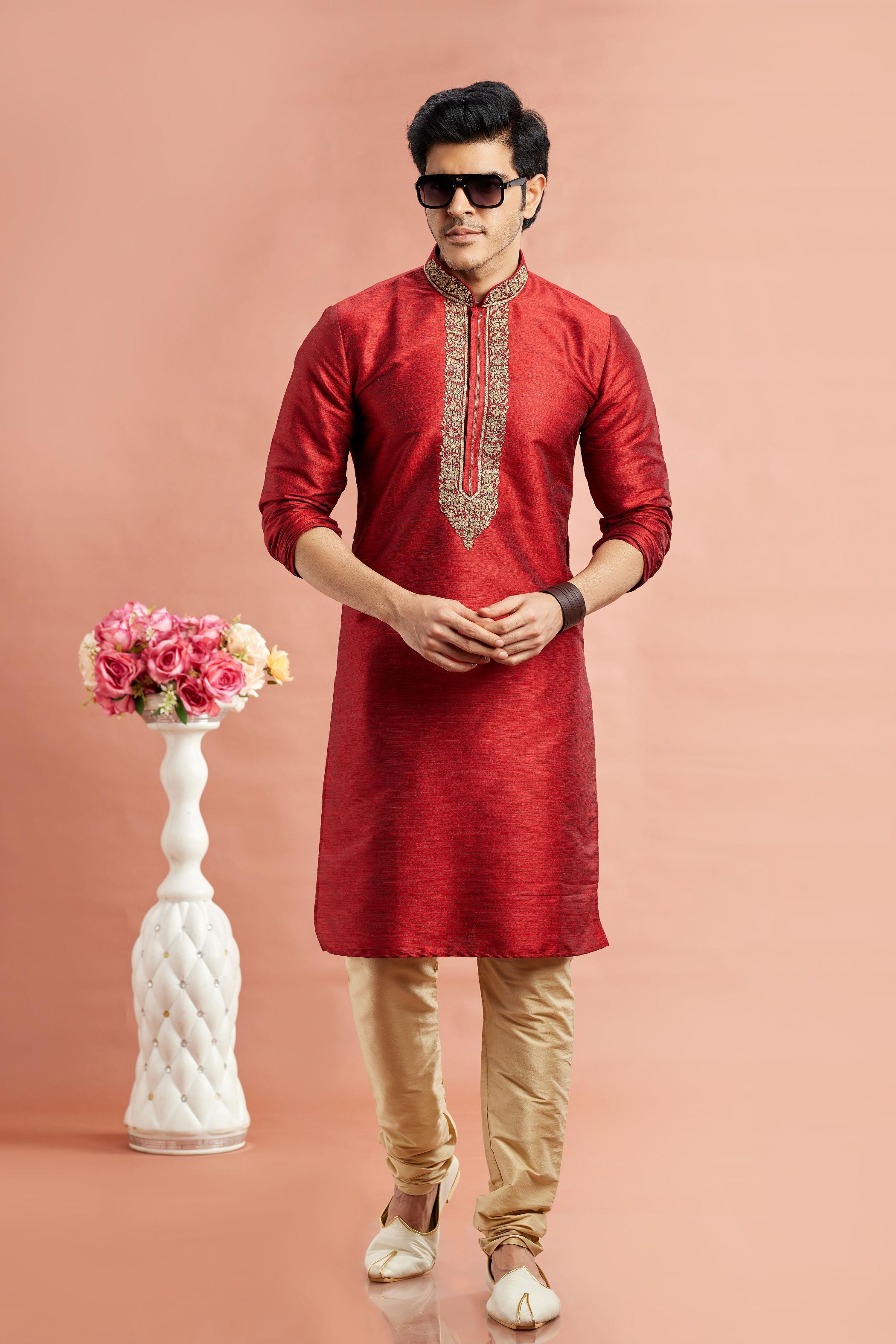 Maroon Banarasi Silk Embroidered Kurta Pyjama