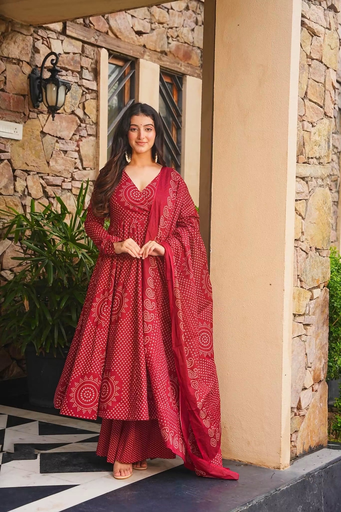 Maroon Bandhani Digital Print Cambric Cotton Anarkali Suit