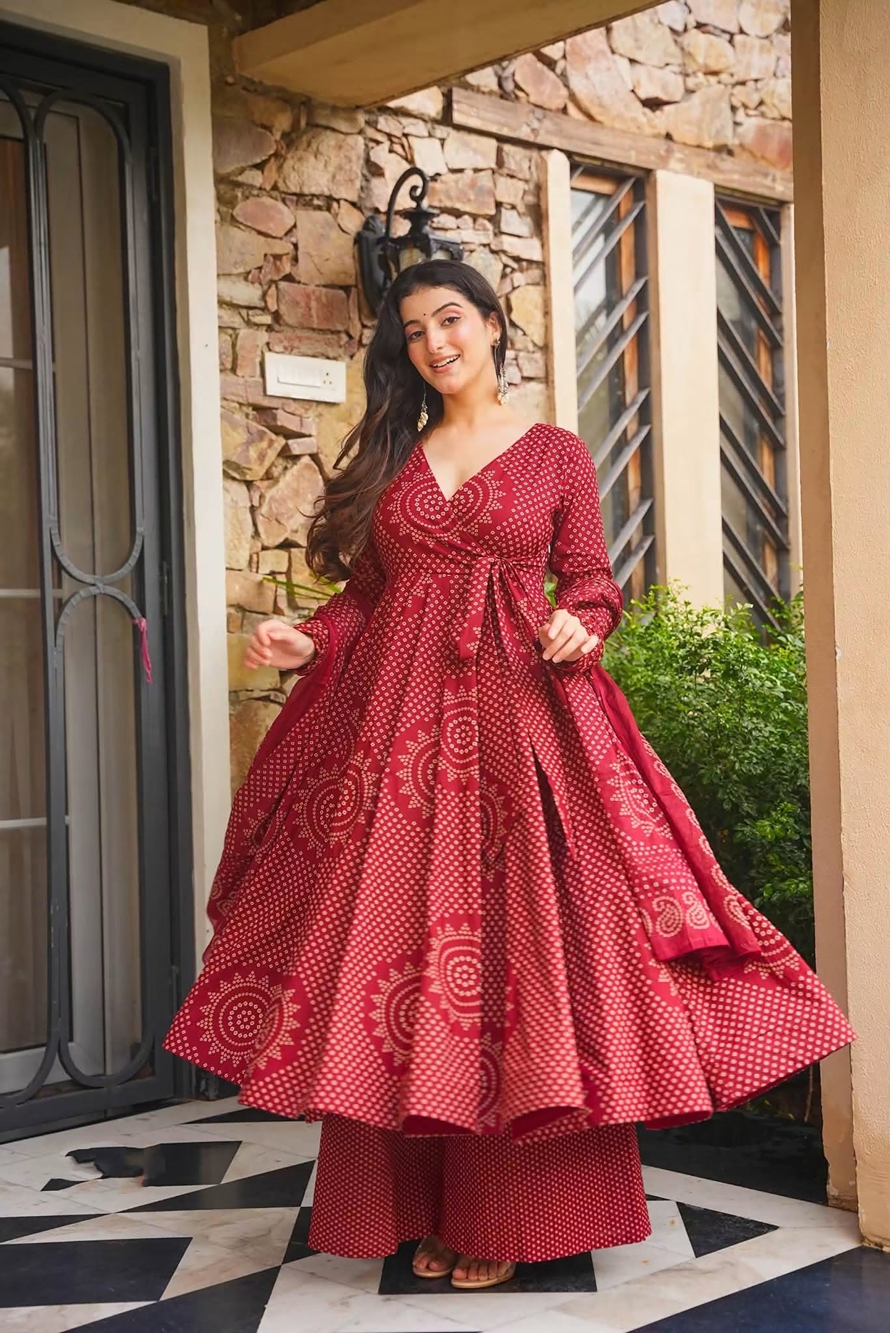 Maroon Bandhani Digital Print Cambric Cotton Anarkali Suit